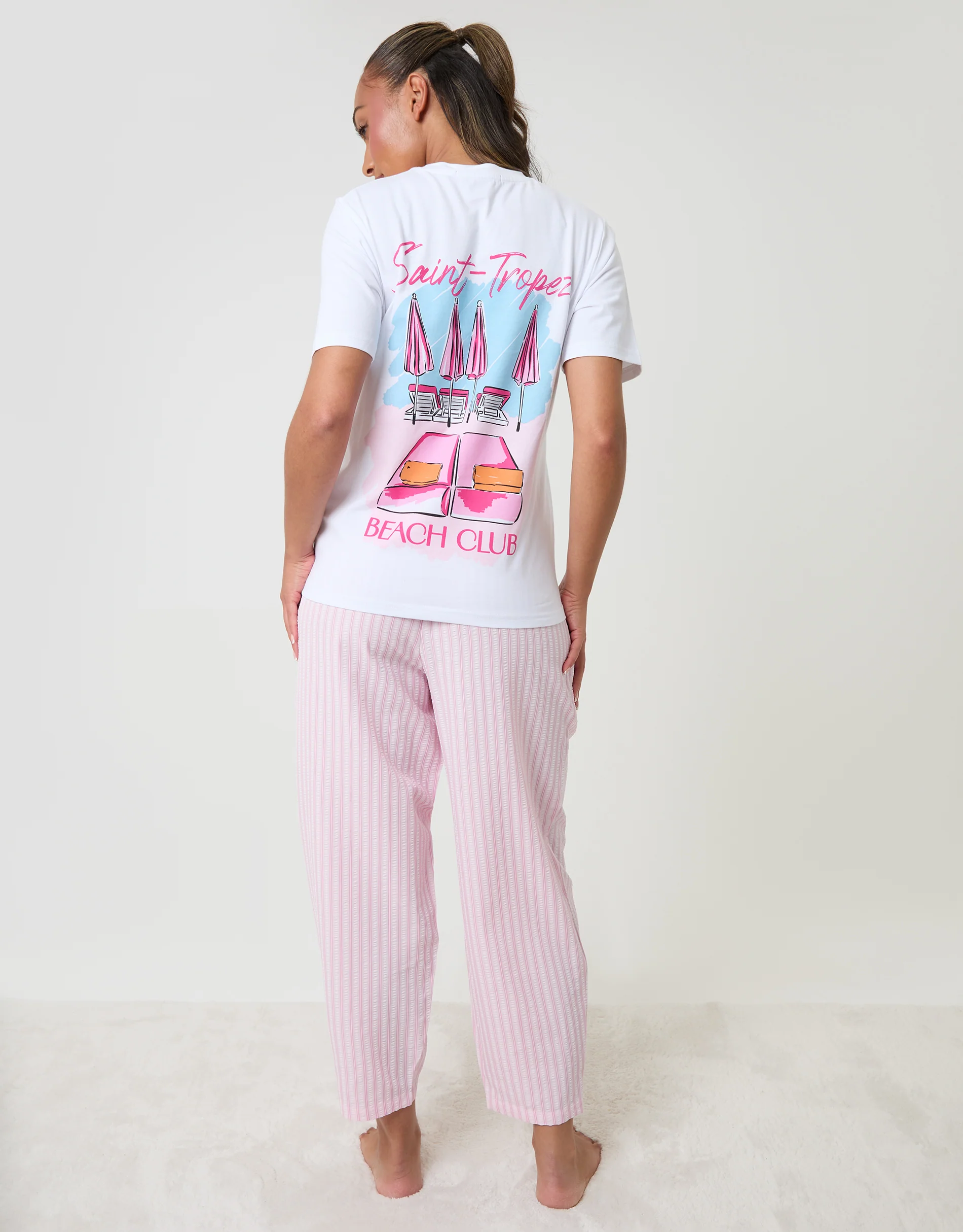 Seersucker Saint Tropez Graphic Print Pyjama Set in Pink Stripe - Image 4