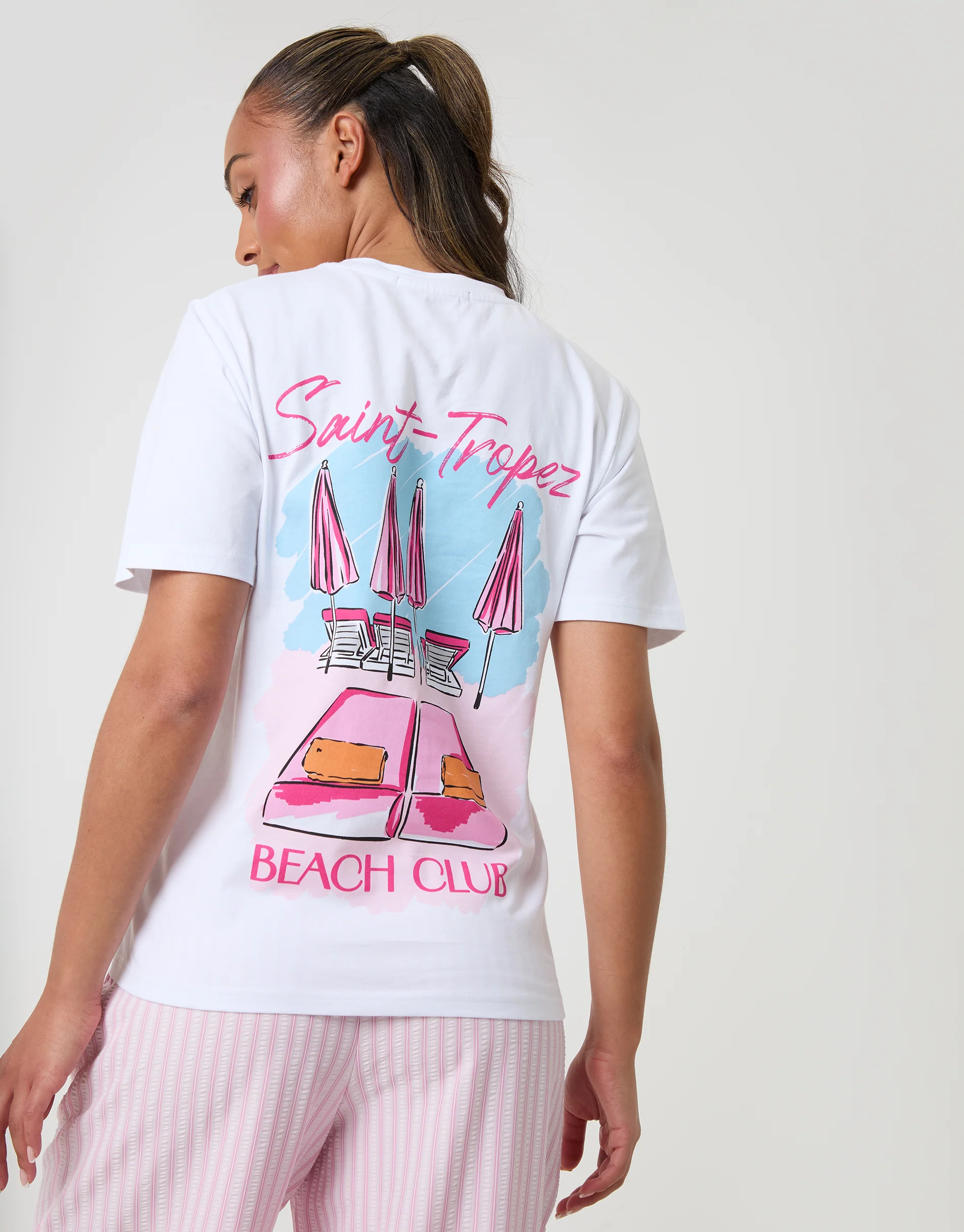 Seersucker Saint Tropez Graphic Print Pyjama Set in Pink Stripe - Image 5