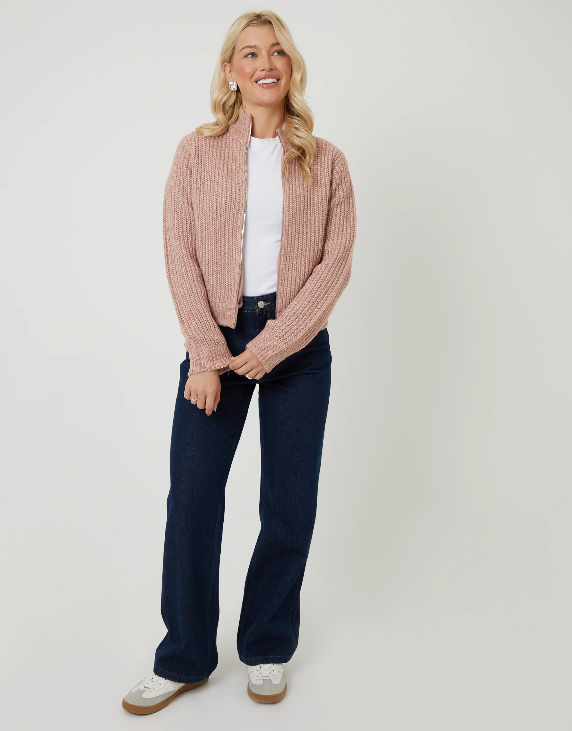 Zip Through Knitted Bomber in Pink - Image 5