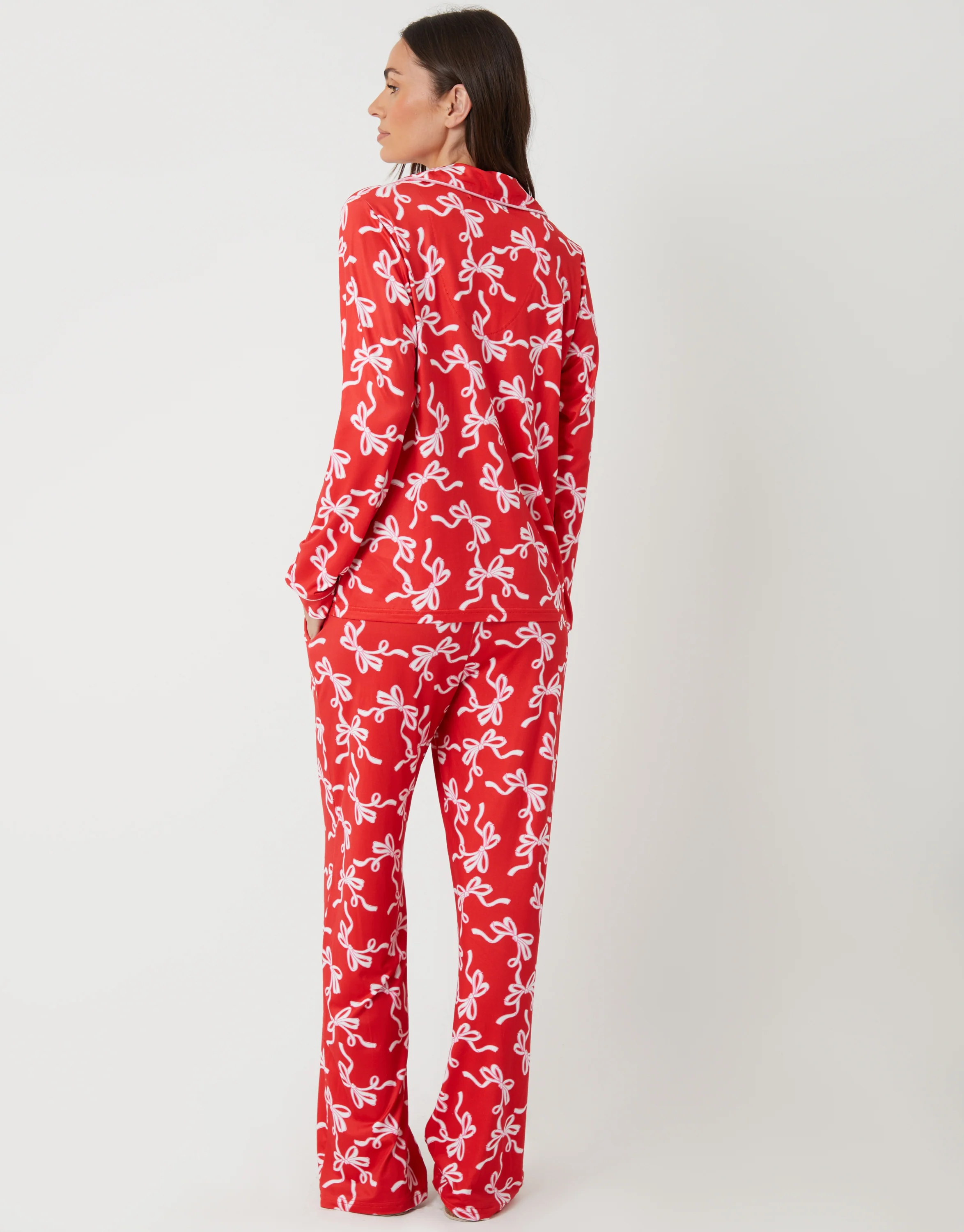 Bow Print Long Button-Through Christmas Pyjama Set in Red - Image 3