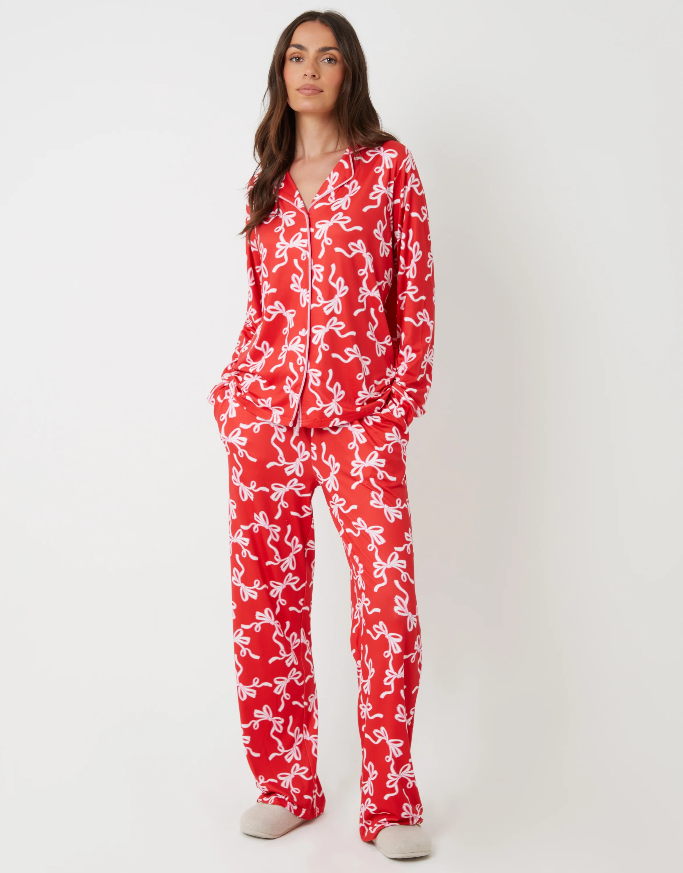 Bow Print Long Button-Through Christmas Pyjama Set in Red - Image 4