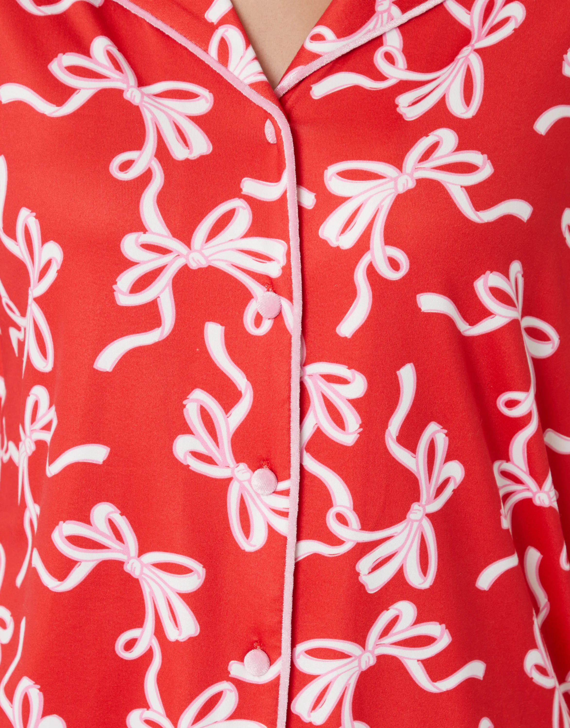 Bow Print Long Button-Through Christmas Pyjama Set in Red - Image 5