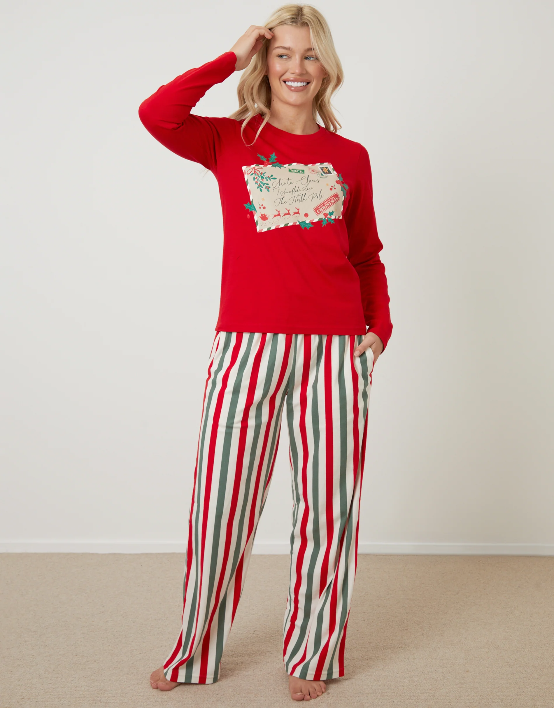 Christmas Postcard Graphic Long Pyjama Set in Red - Image 2