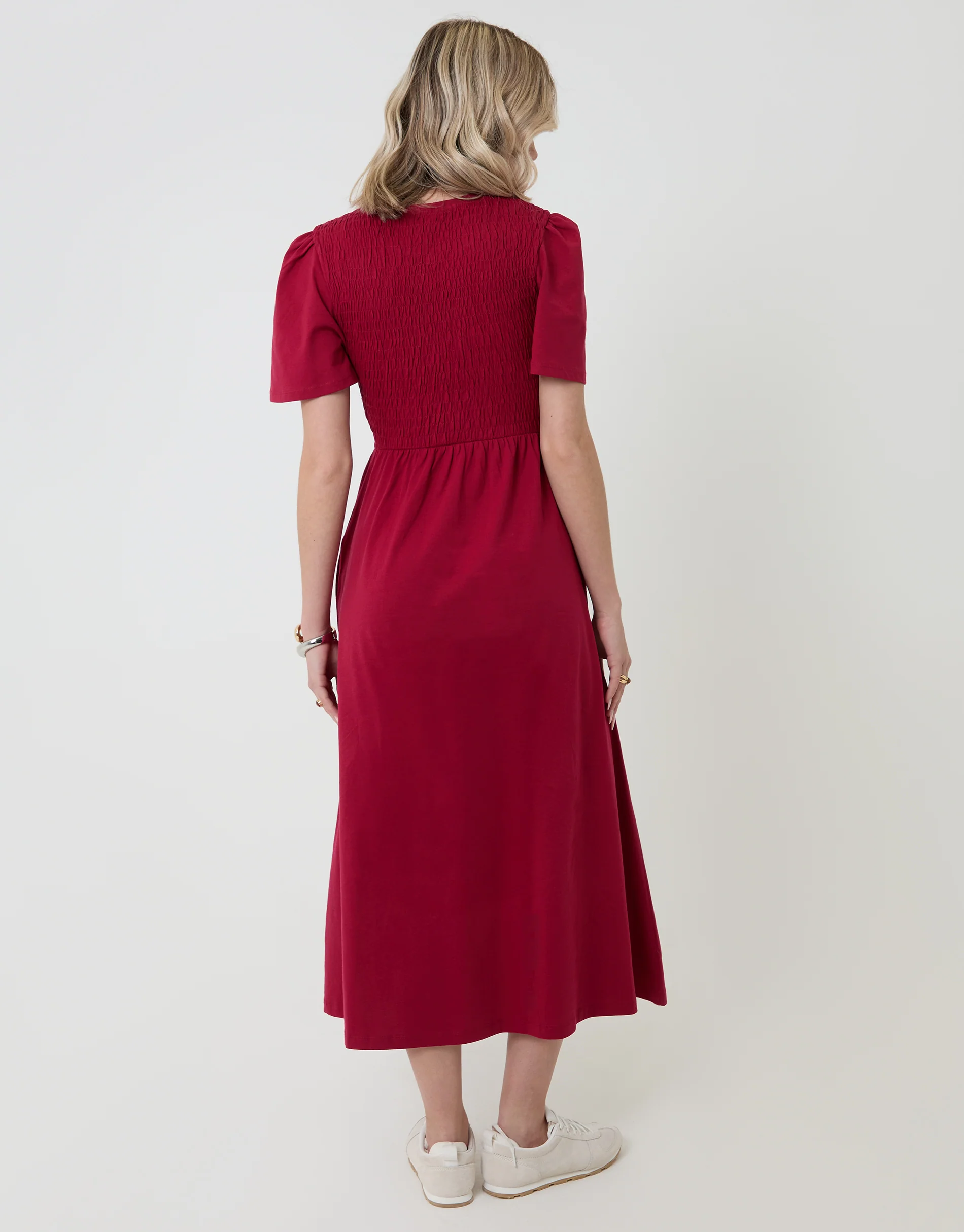 Cotton Jersey Shirred Bodice Midi Dress in Red - Image 2