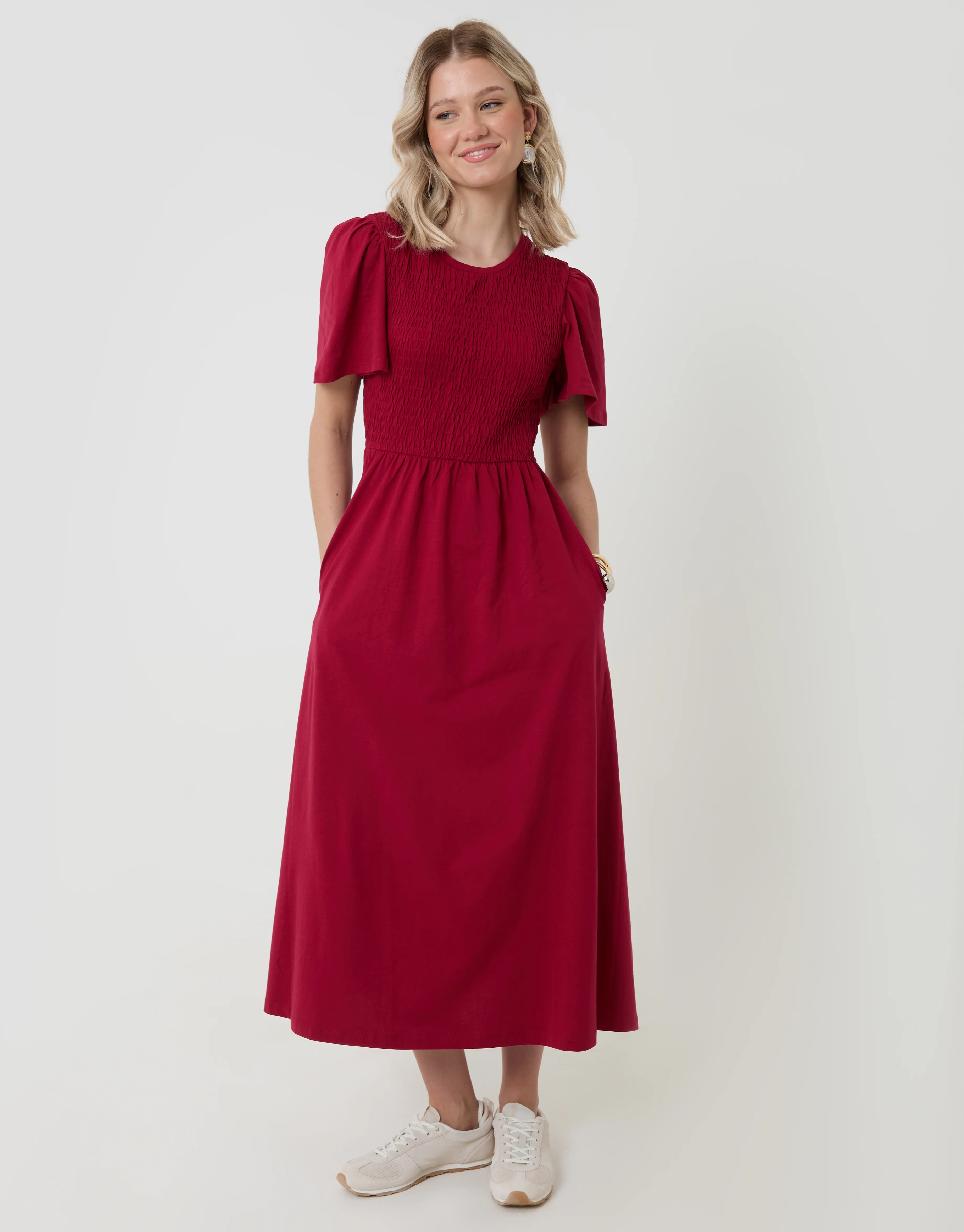 Cotton Jersey Shirred Bodice Midi Dress in Red - Image 3