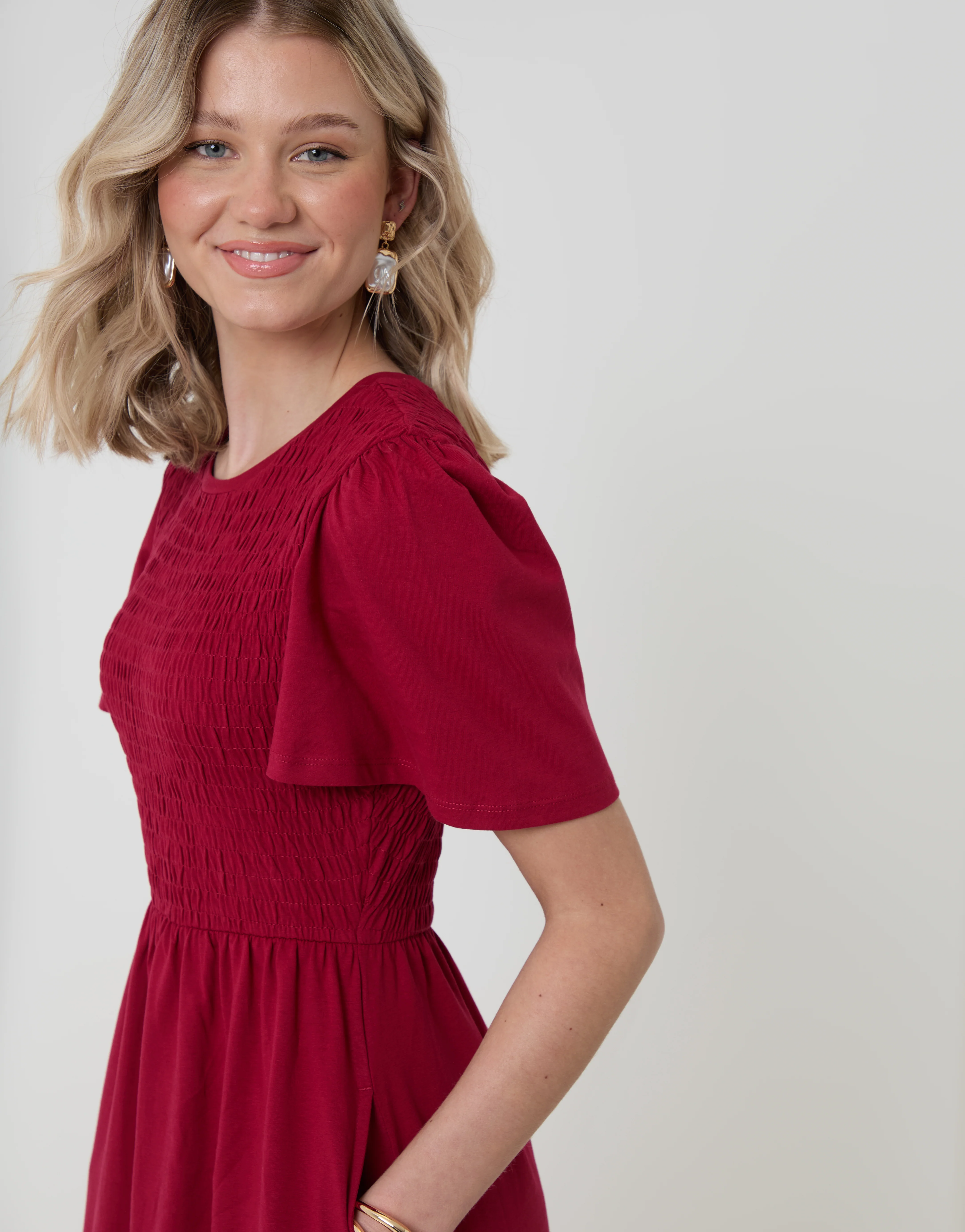 Cotton Jersey Shirred Bodice Midi Dress in Red - Image 4