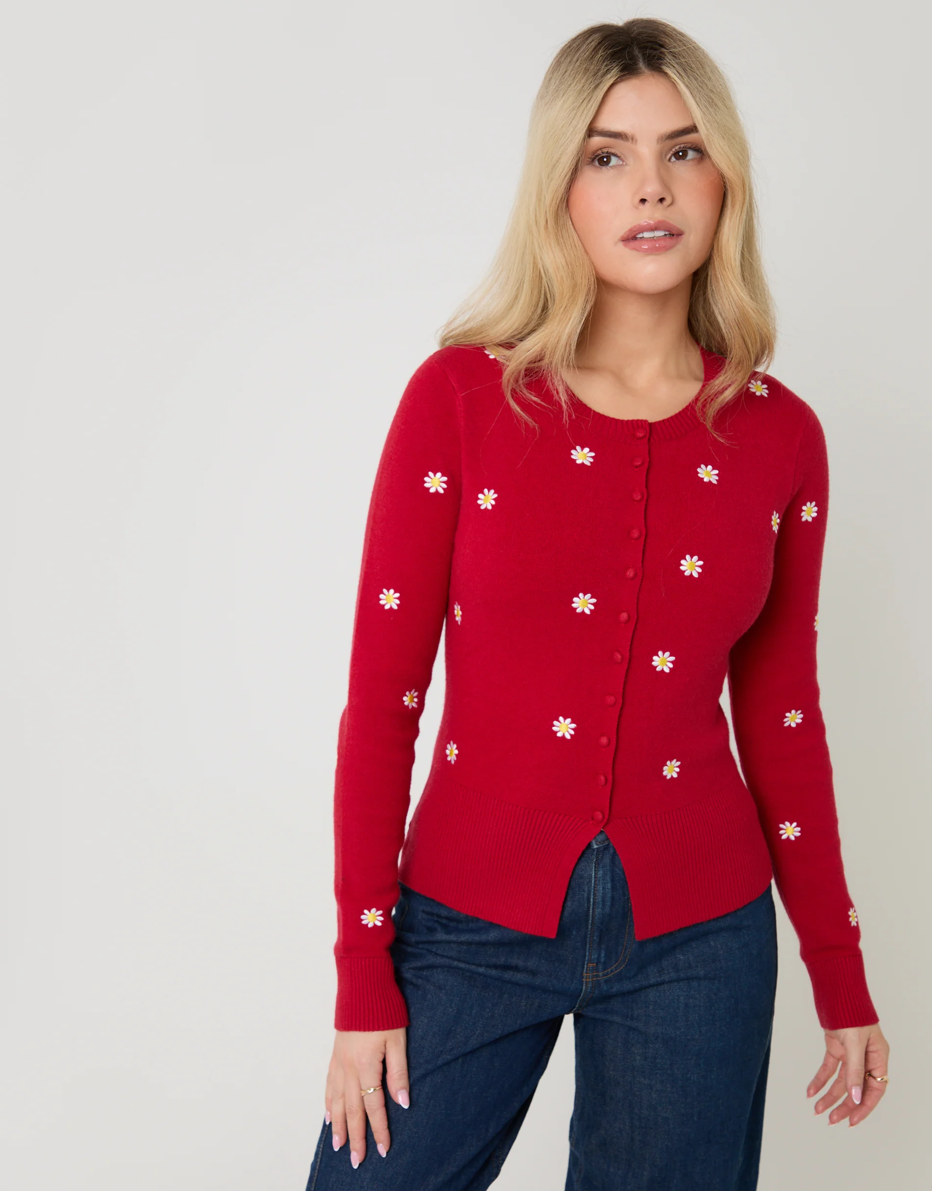 Daisy Embroidered Crew Neck Knitted Cardigan in Red - Image 5