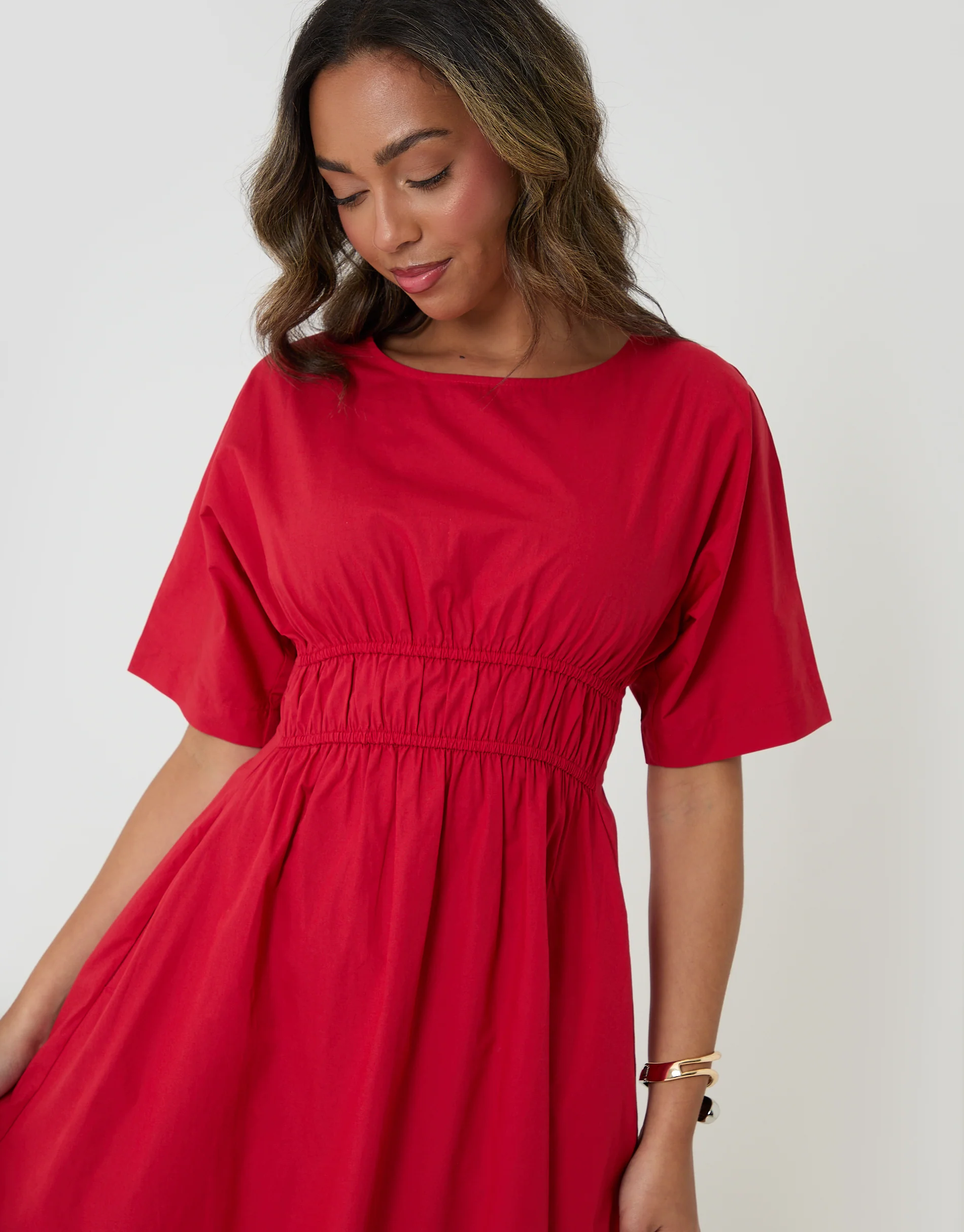Elasticated Waist Cotton Poplin Midi Dress in Red - Image 2