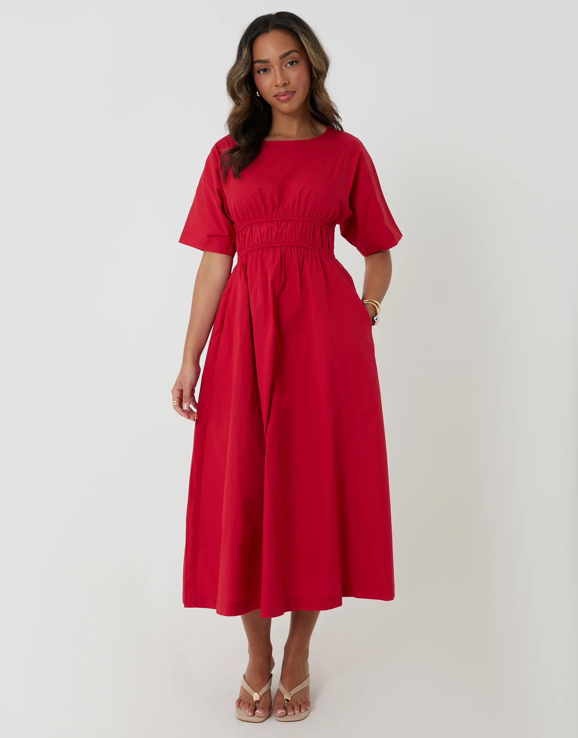 Elasticated Waist Cotton Poplin Midi Dress in Red - Image 4