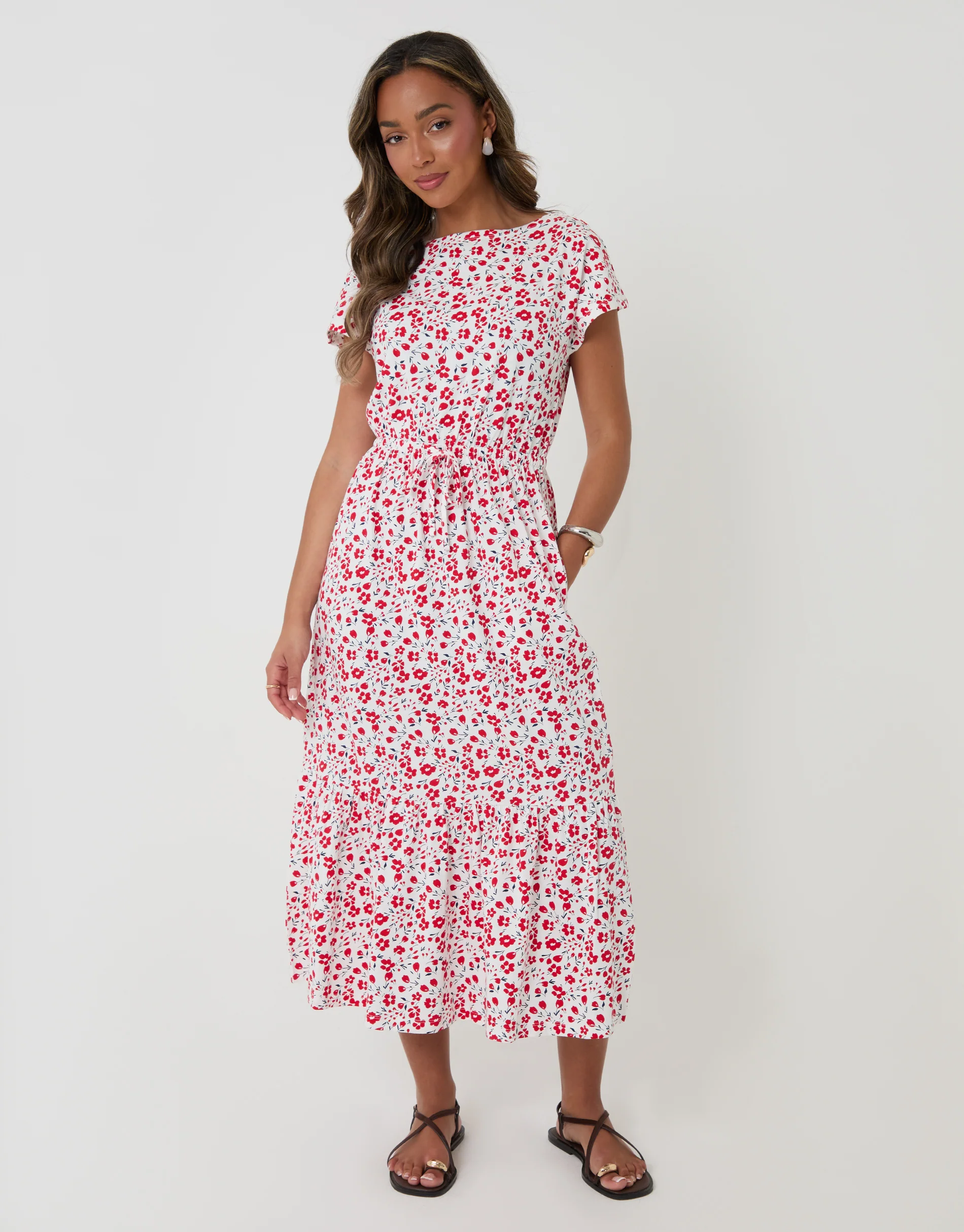 Drawstring Waist Boat Neck Cotton Jersey Maxi Dress in Red Floral - Image 3