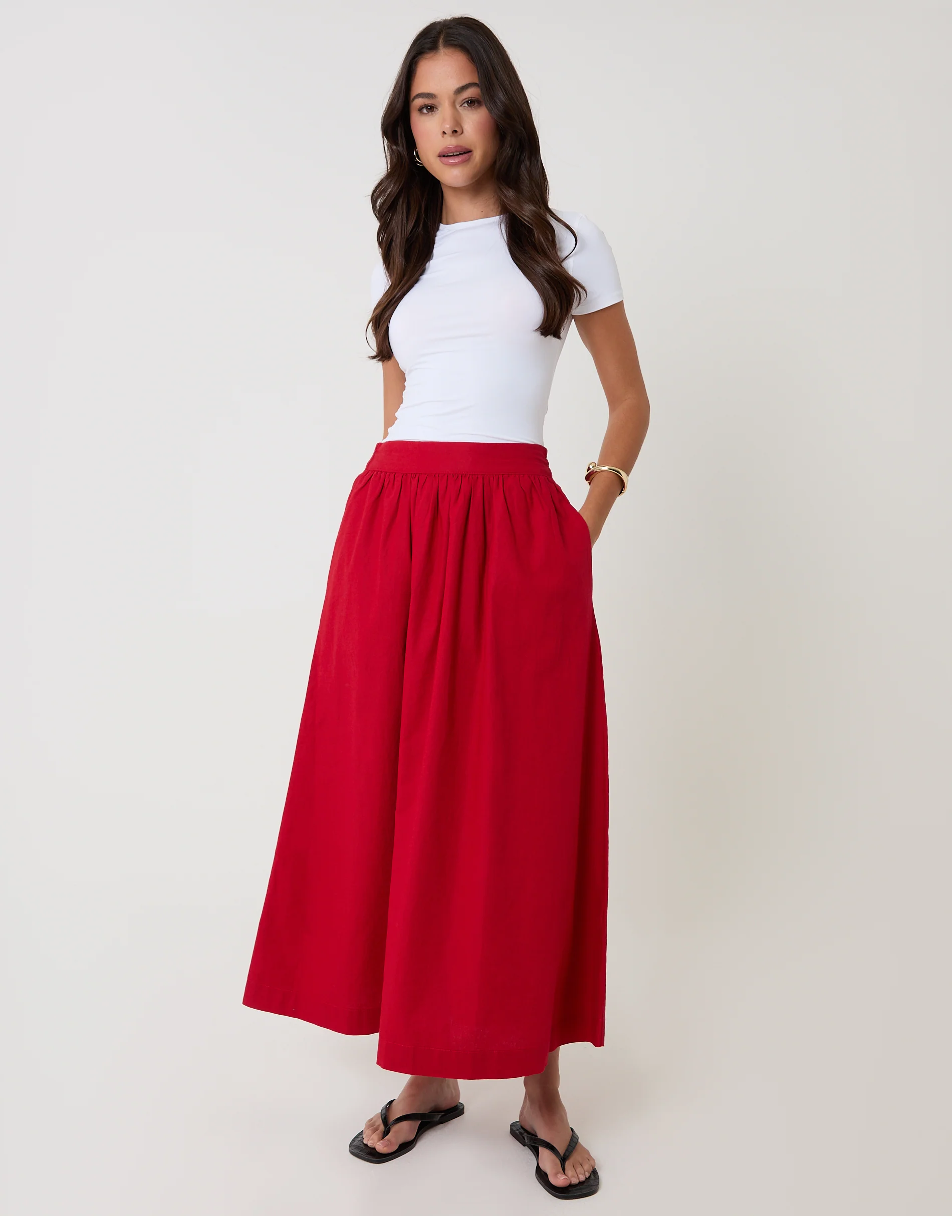 Linen Blend Gathered Midaxi Skirt in Red