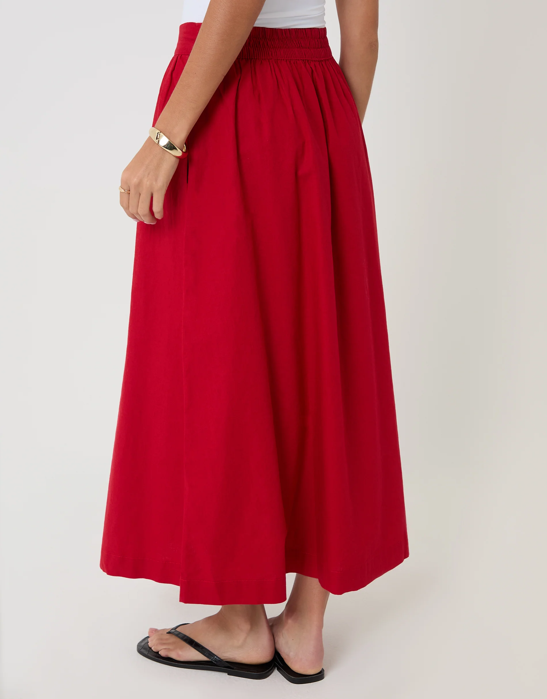 Linen Blend Gathered Midaxi Skirt in Red - Image 3