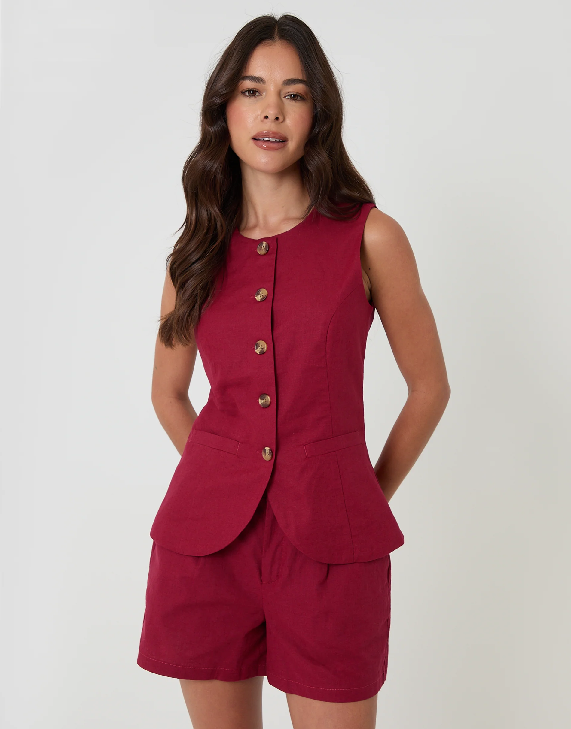 Linen Blend Longline Waistcoat in Red