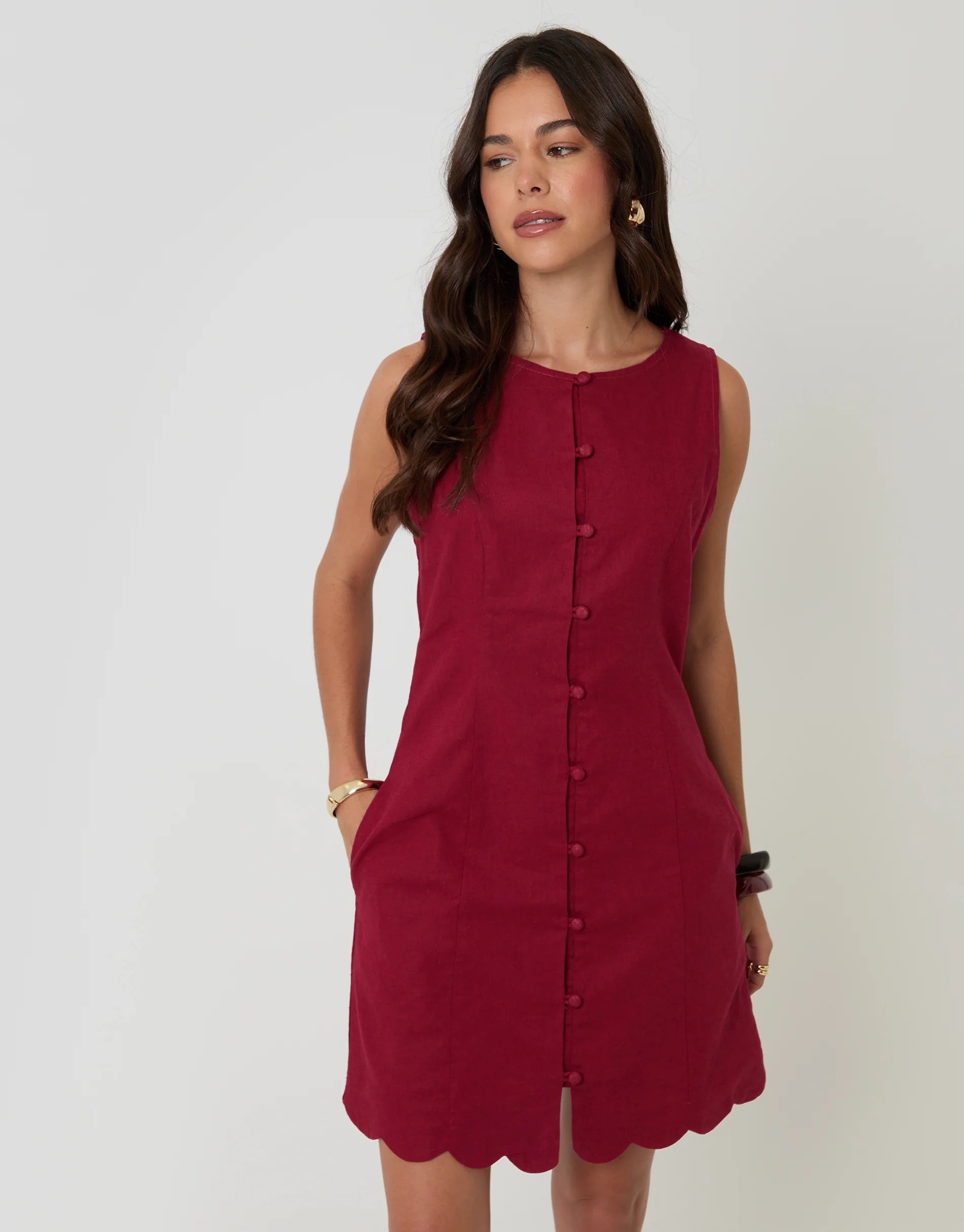 Linen Blend Pinafore Dress in Red