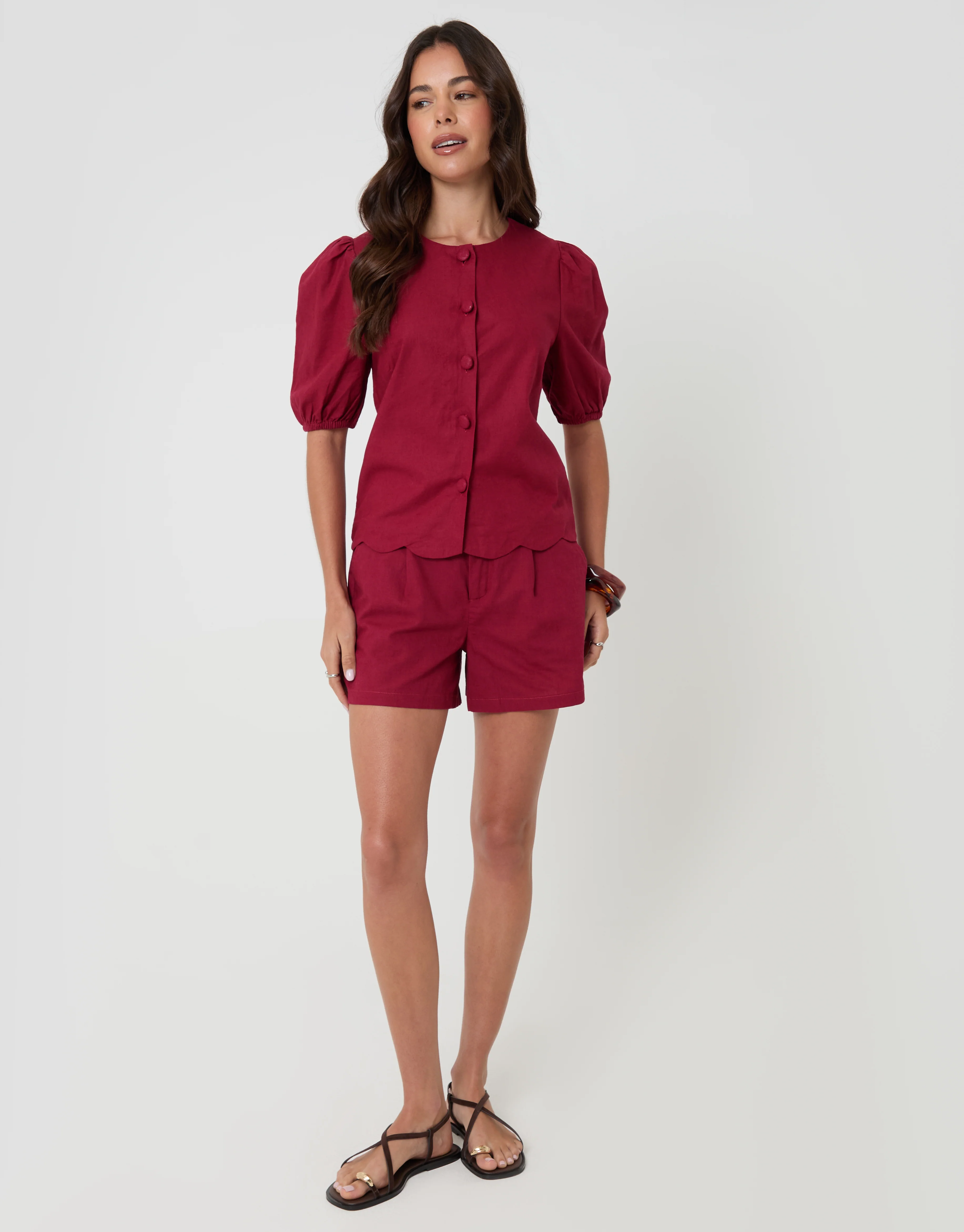 Linen Blend Puff Sleeve Top in Red - Image 3