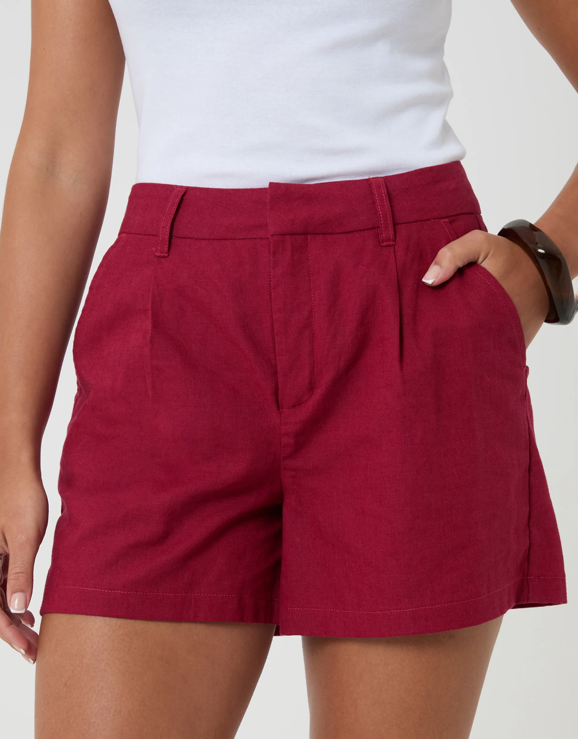 Tailored Linen Blend Shorts in Red - Image 5