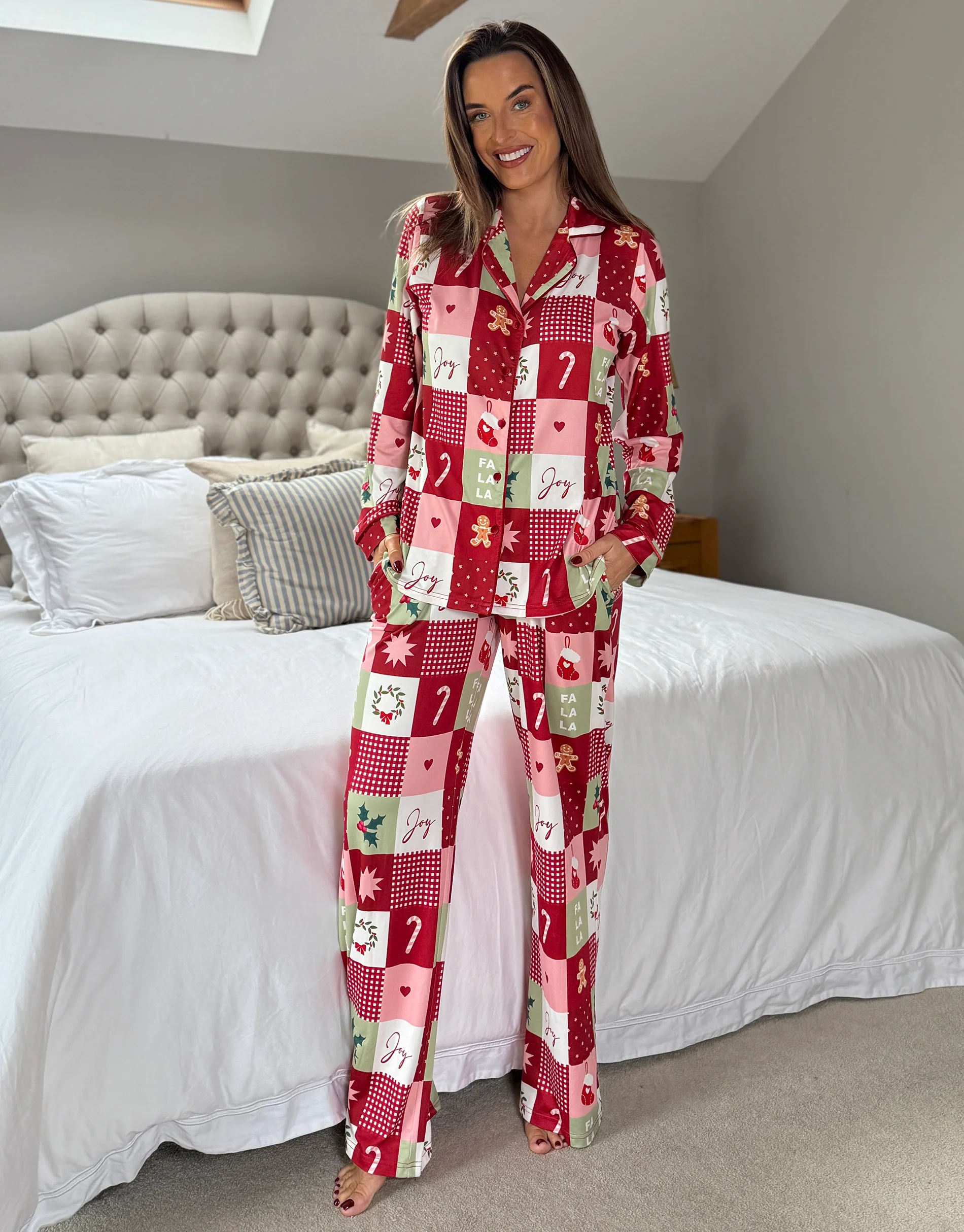 Patchwork Print Long Button-Through Christmas Pyjama Set in Red