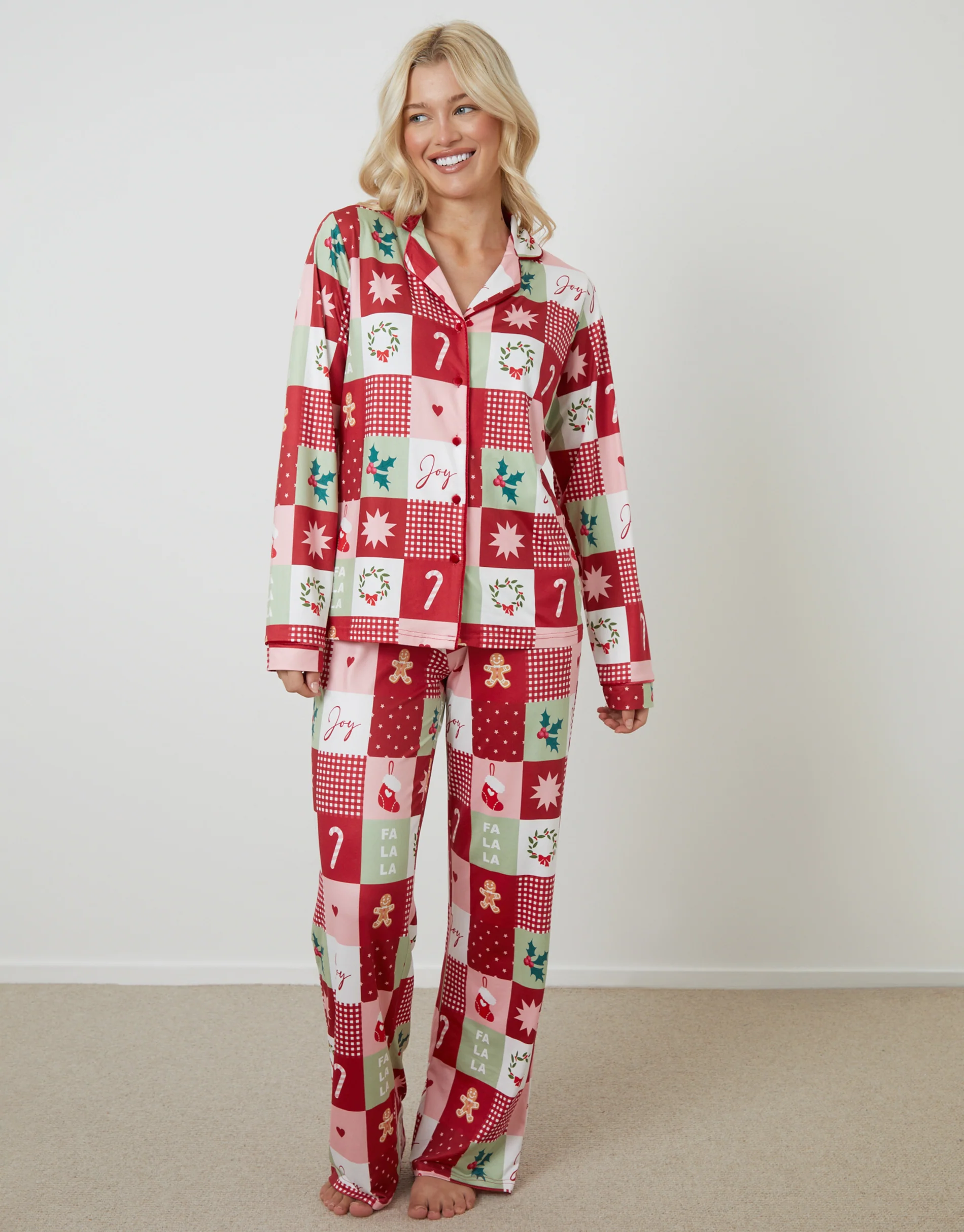 Patchwork Print Long Button-Through Christmas Pyjama Set in Red - Image 2