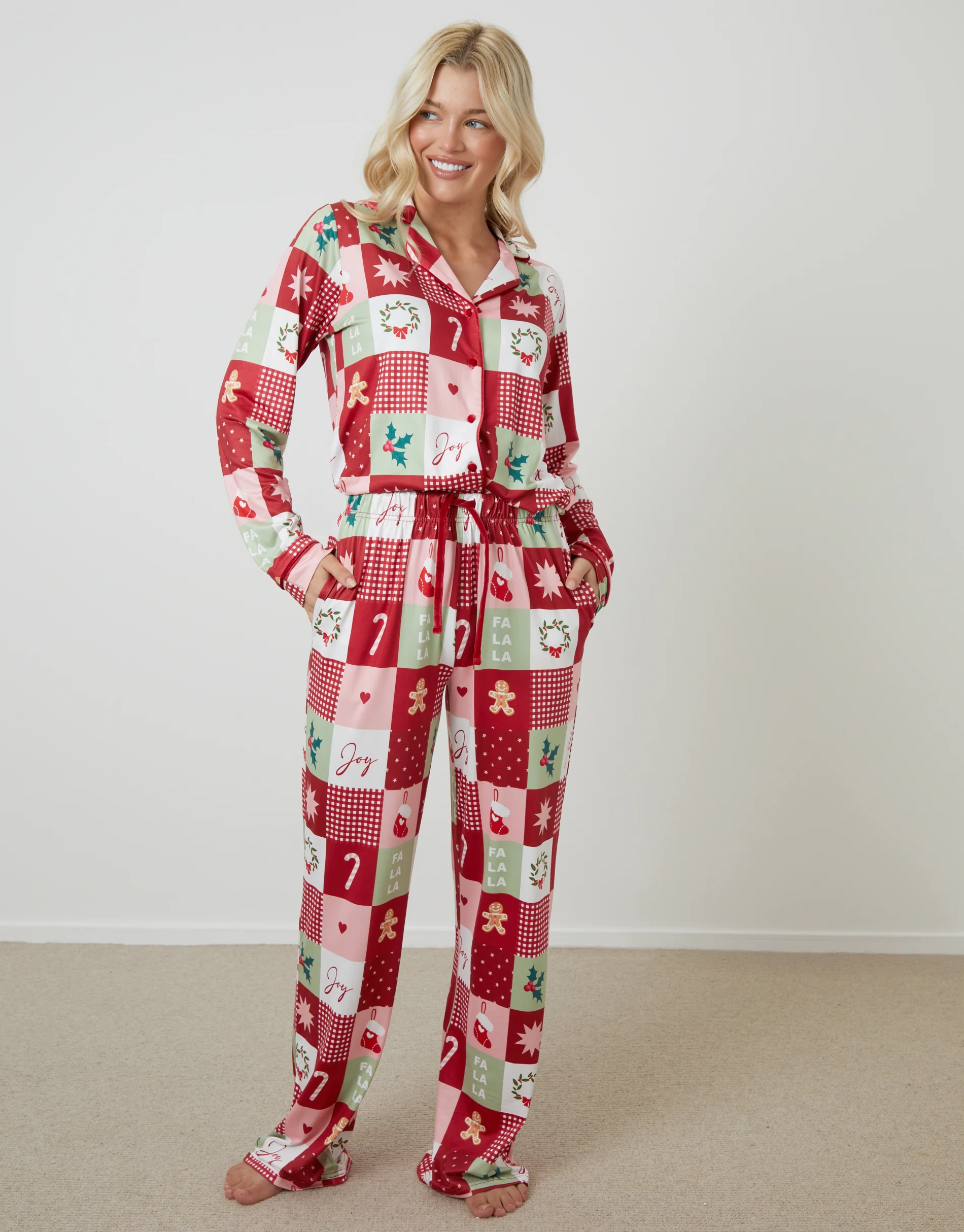 Patchwork Print Long Button-Through Christmas Pyjama Set in Red - Image 5