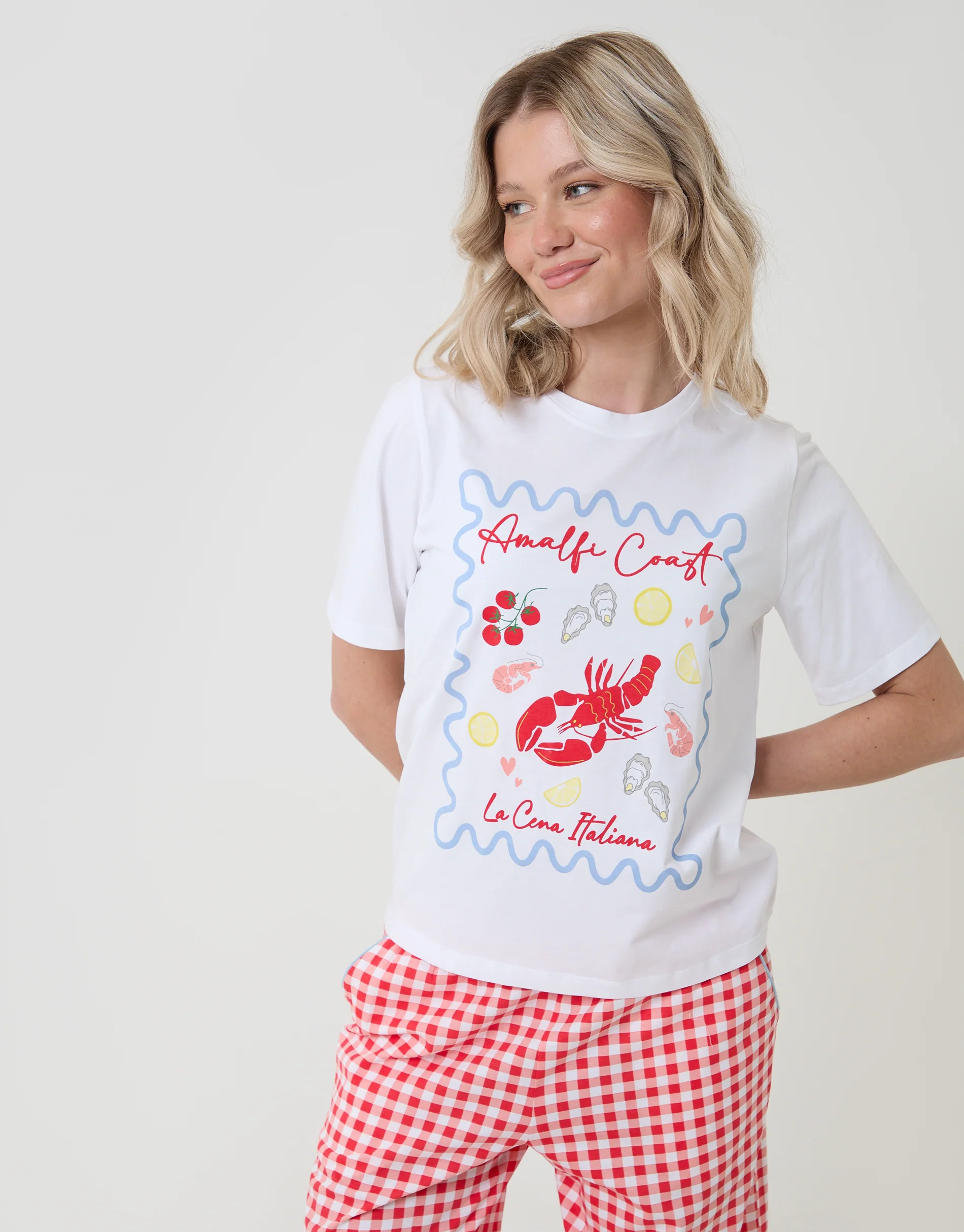 Petite Amalfi Coast Print Pyjama Set in Red Gingham