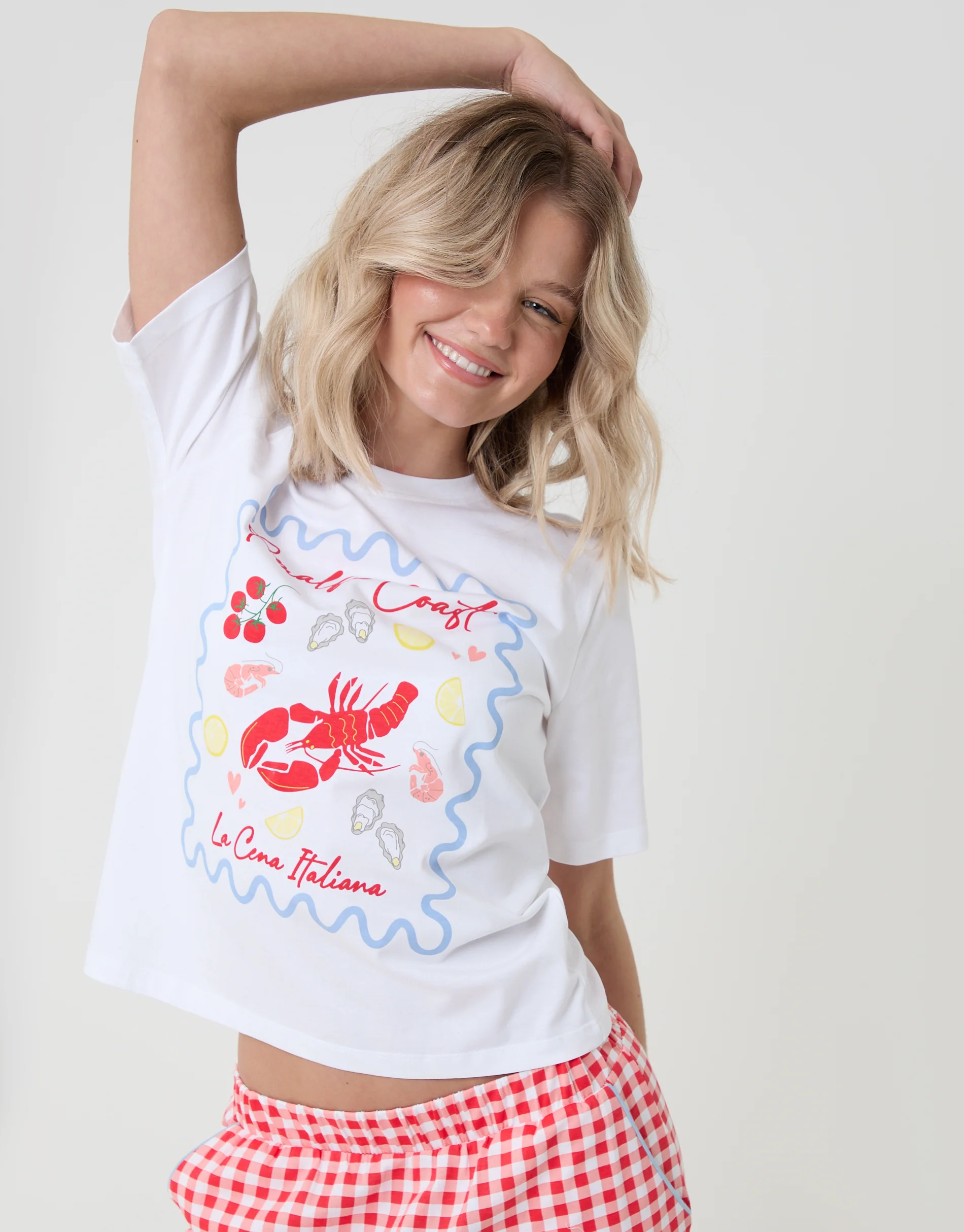 Petite Amalfi Coast Print Pyjama Set in Red Gingham - Image 4