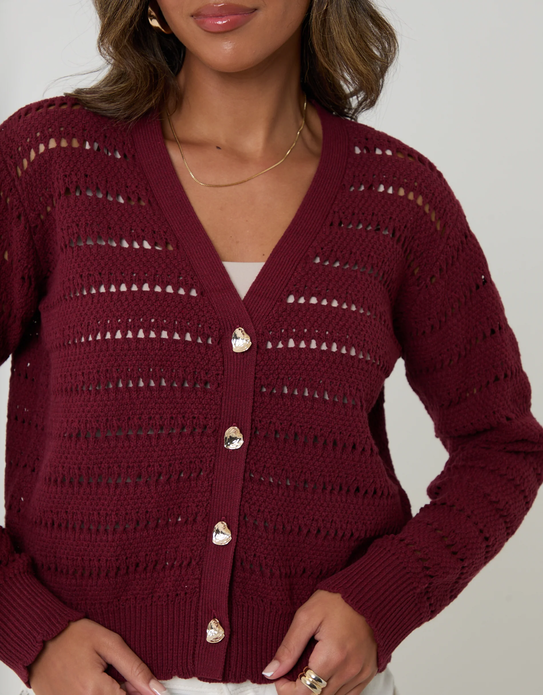 Pointelle Knit V-Neck Cardigan in Red - Image 4