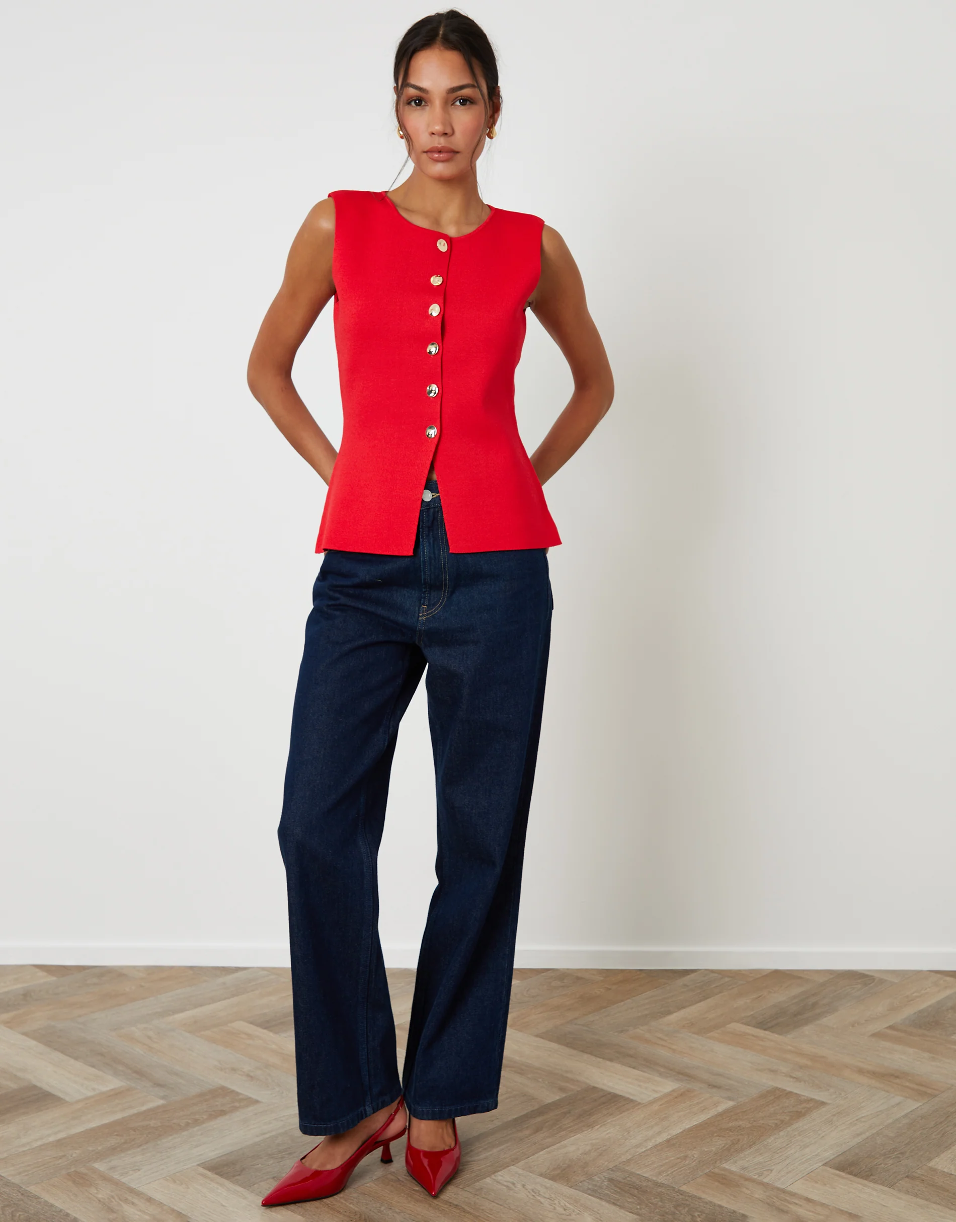 Ribbed Knitted Waistcoat in Red - Image 3