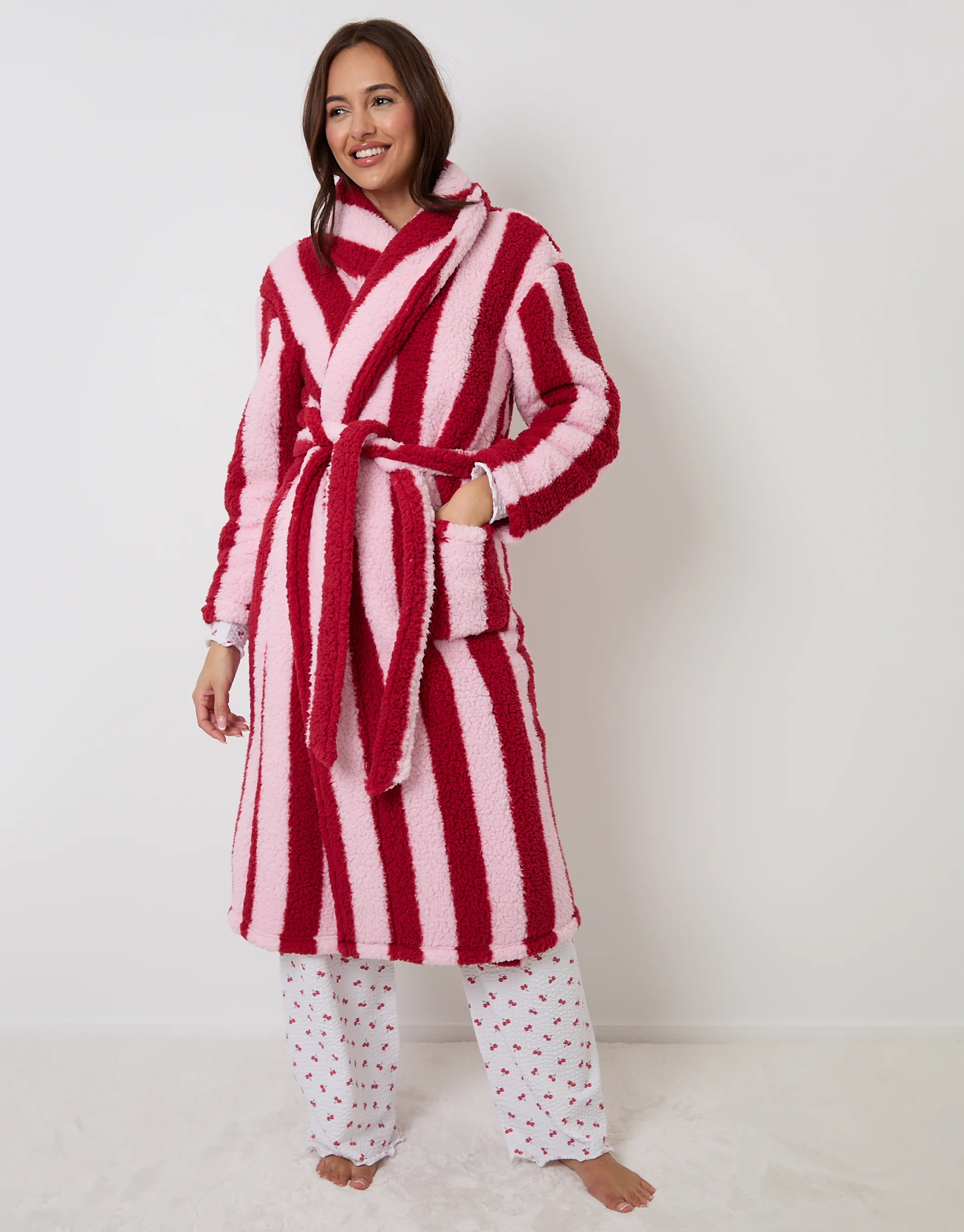 Stripe Borg Dressing Gown in Red