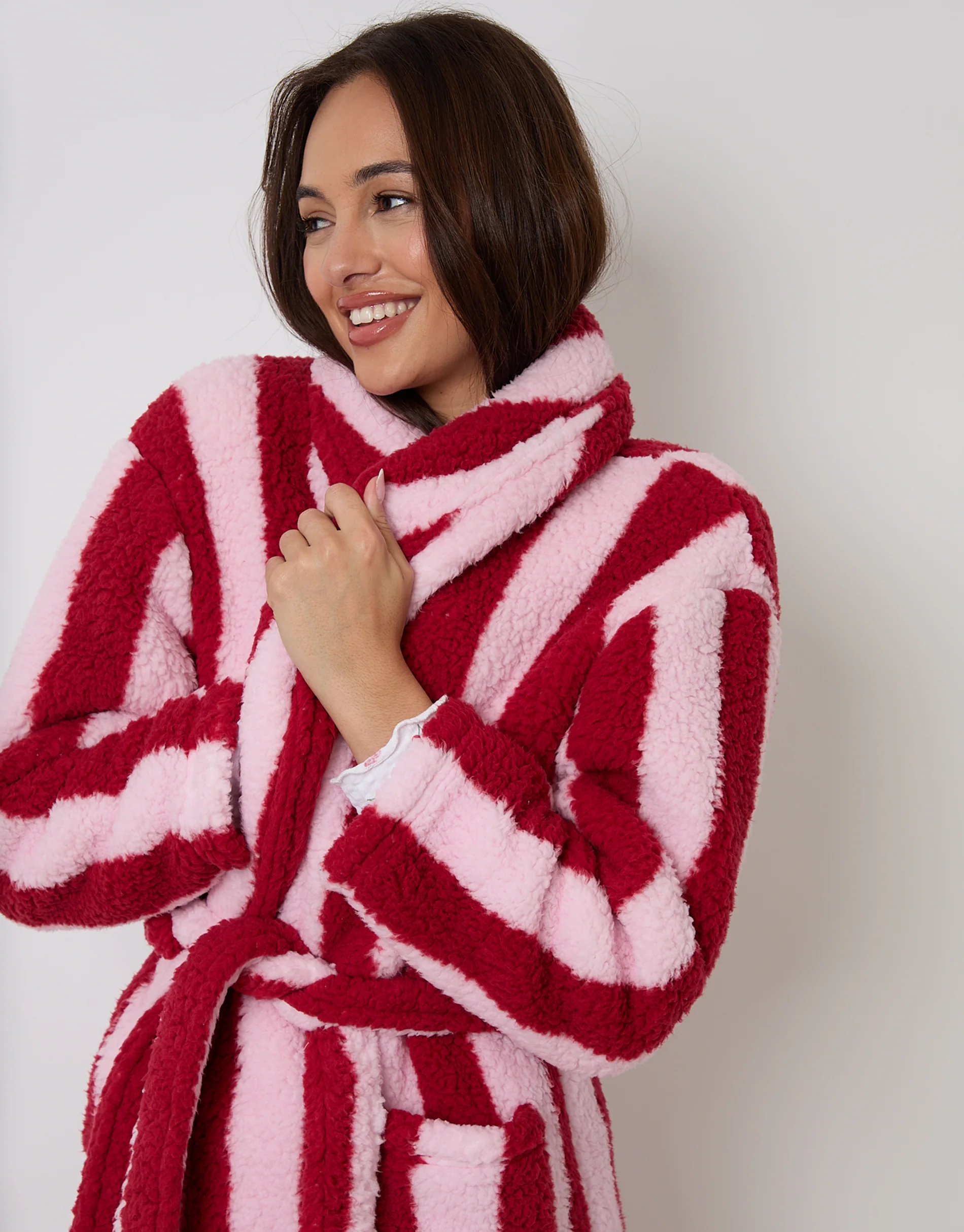 Stripe Borg Dressing Gown in Red - Image 3