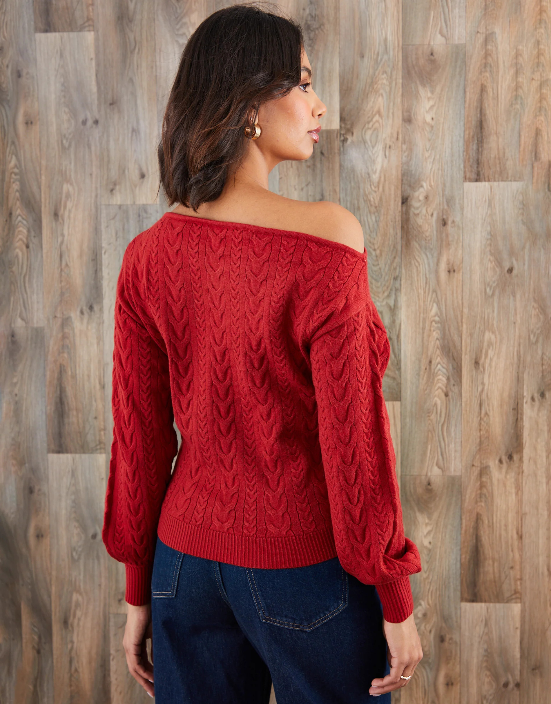 Cable Knit Slash Neck Jumper in Rust Orange - Image 2