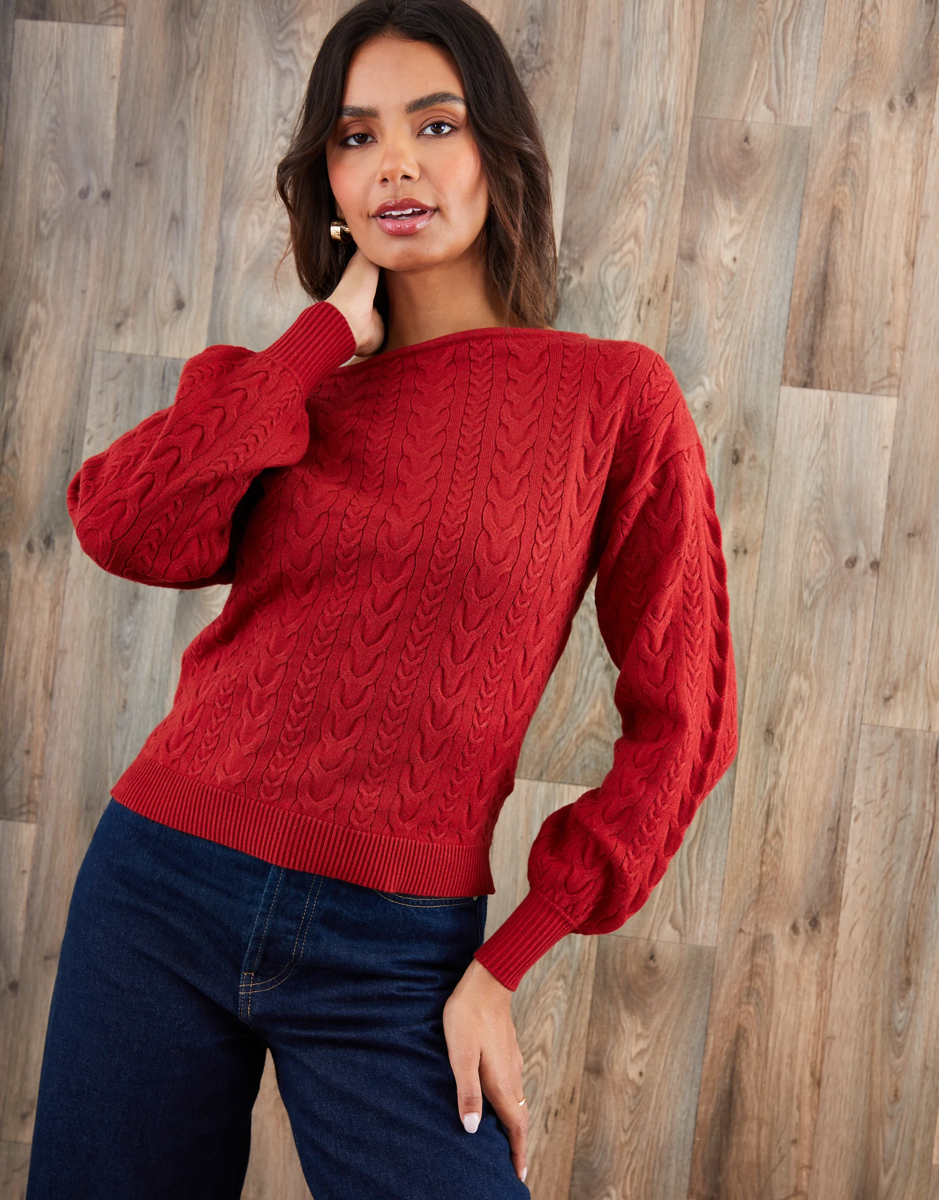 Cable Knit Slash Neck Jumper in Rust Orange - Image 5