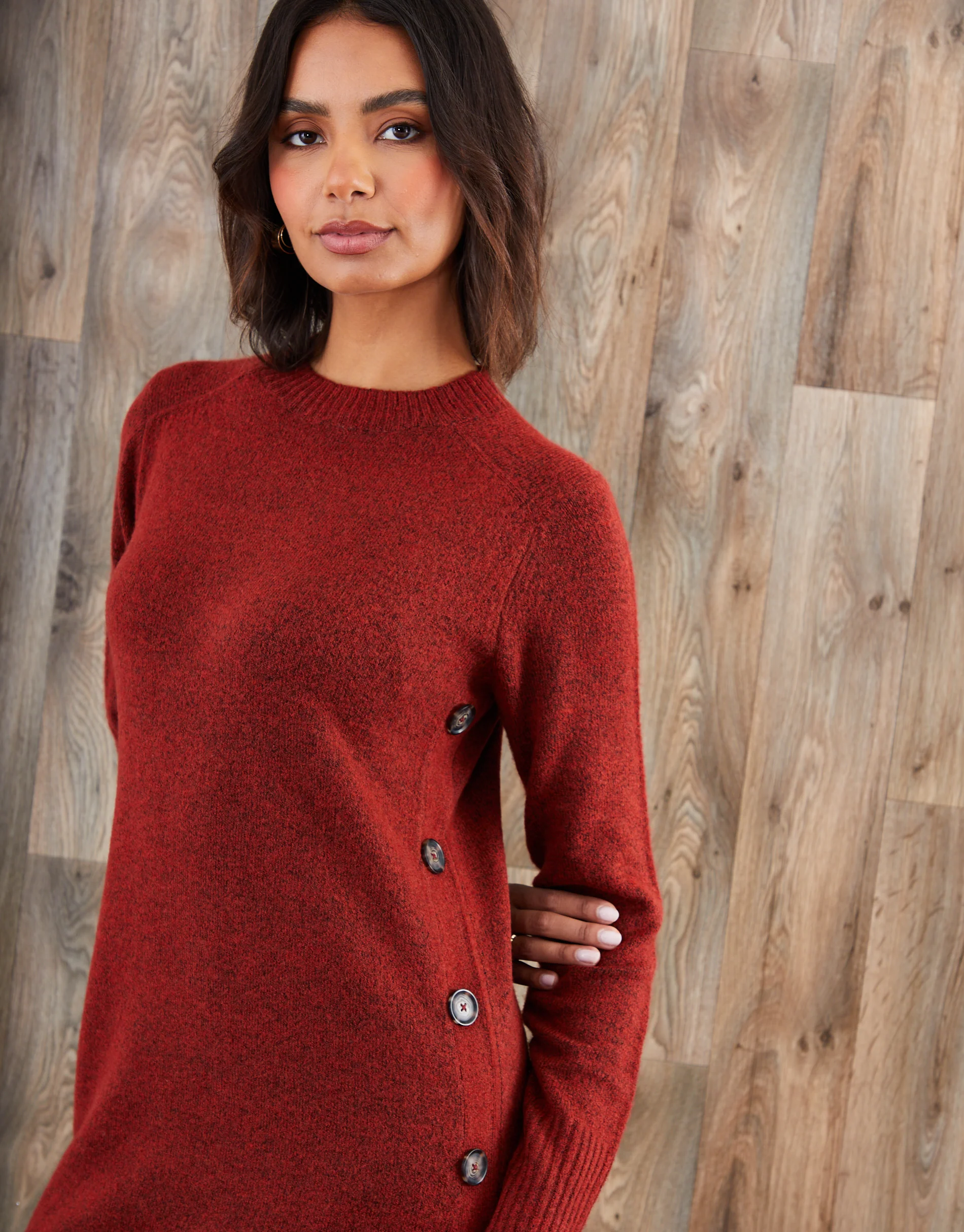 Knitted Side Button Detail Maxi Dress in Rust Orange - Image 4