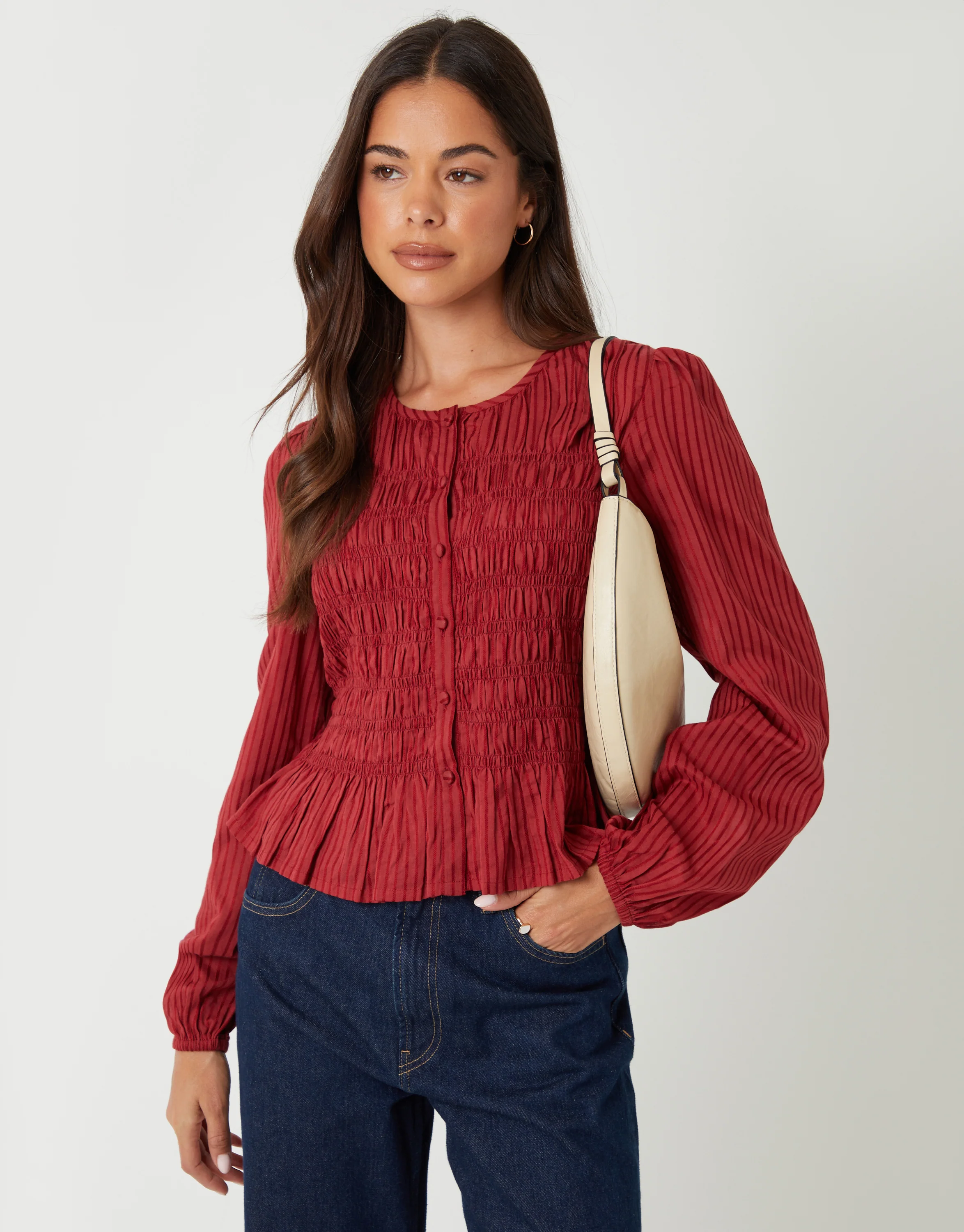 Shirred Dobby Stripe Button Up Blouse in Rust