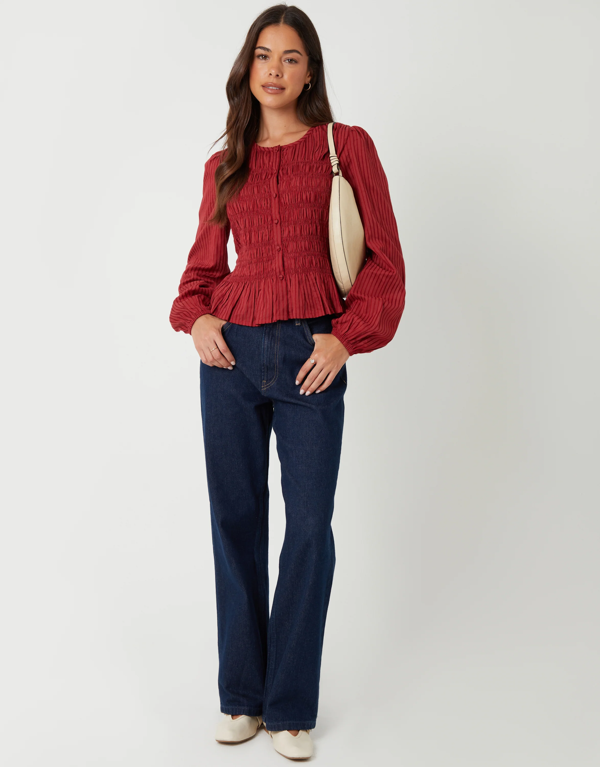 Shirred Dobby Stripe Button Up Blouse in Rust - Image 3