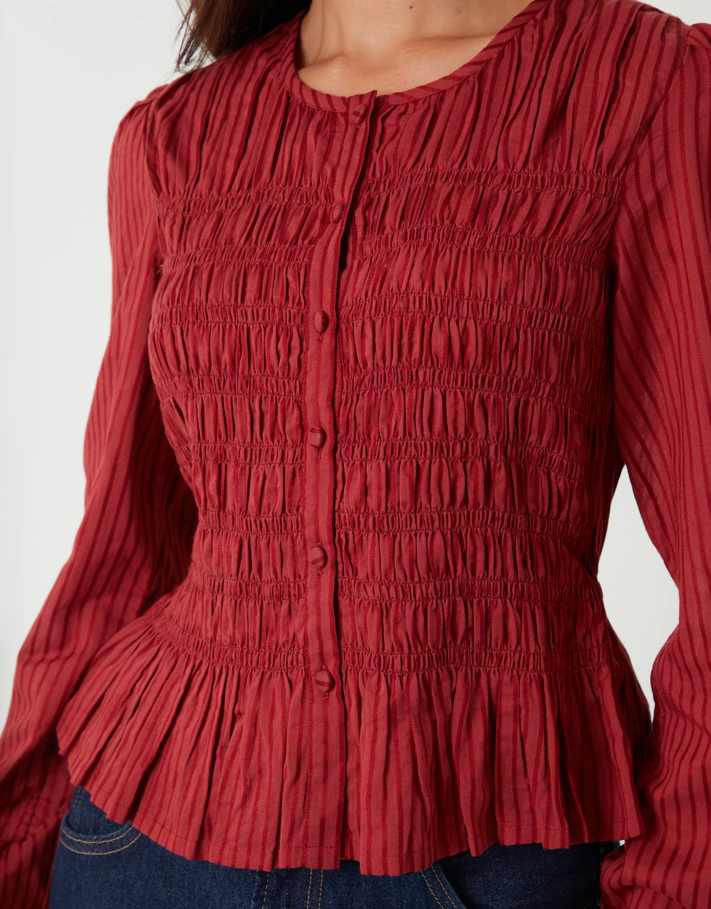 Shirred Dobby Stripe Button Up Blouse in Rust - Image 4