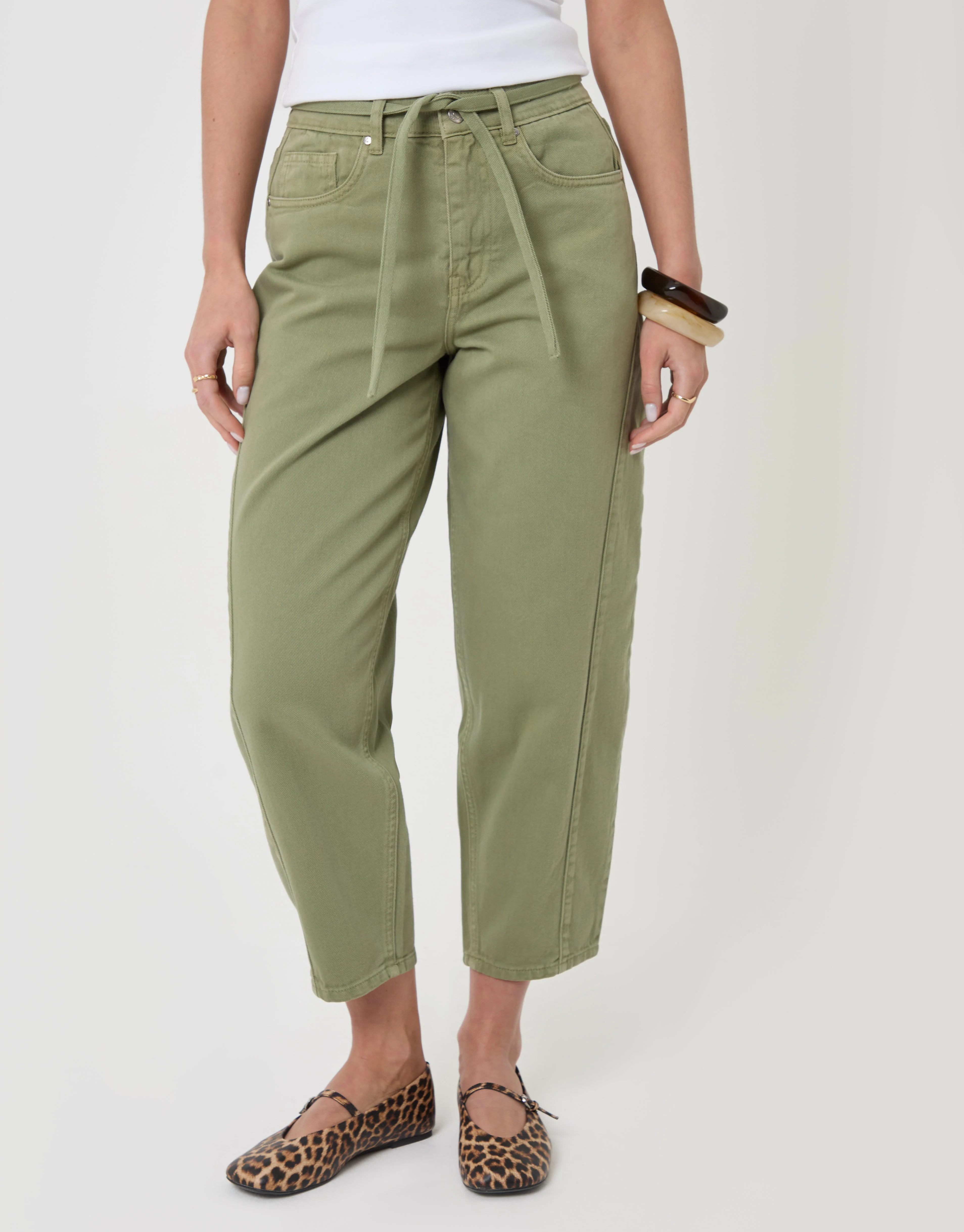 Belted Barrel Leg Jeans in Sage Green - Image 2