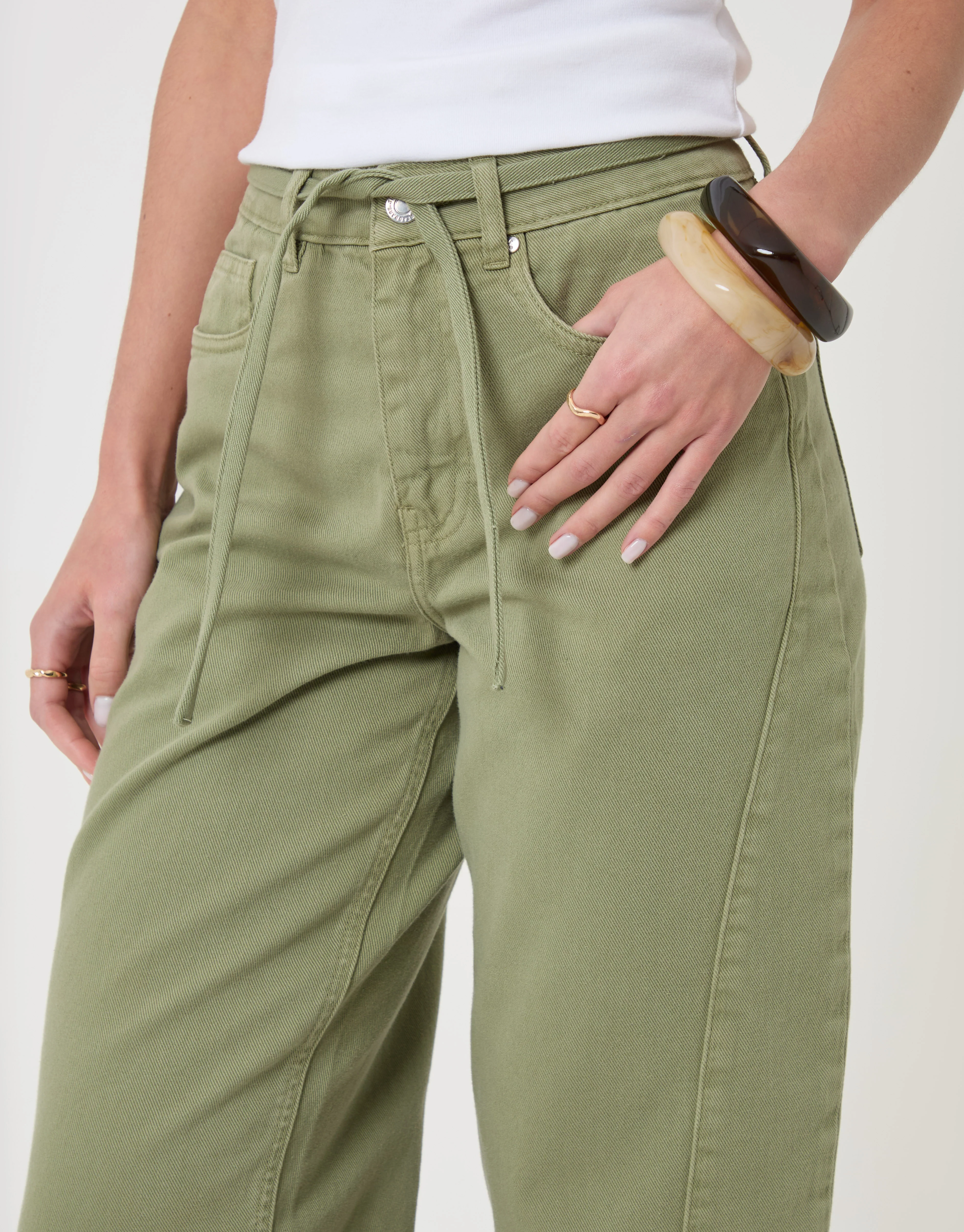 Belted Barrel Leg Jeans in Sage Green - Image 4