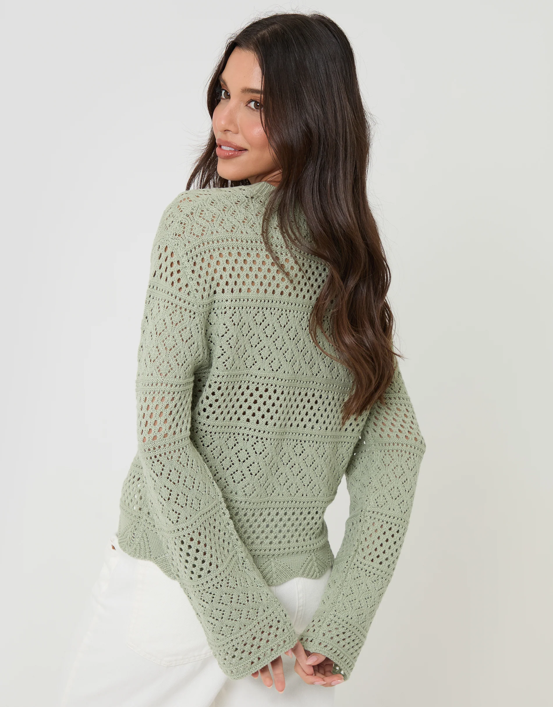 2 Pack Long Sleeve Pointelle Crochet Knit Jumper in Sage Green & White - Image 4