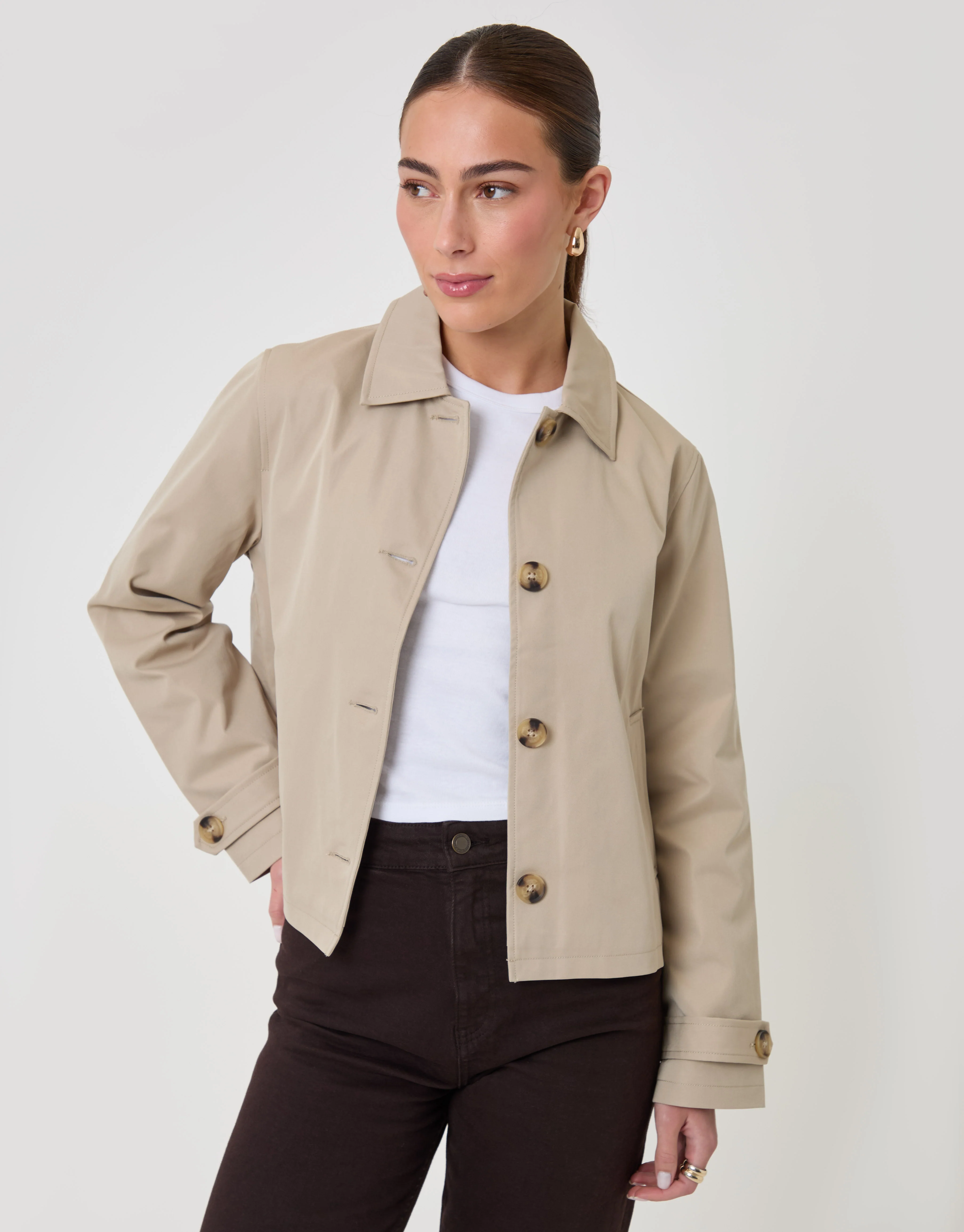 Cropped Collared Trench Coat in Stone