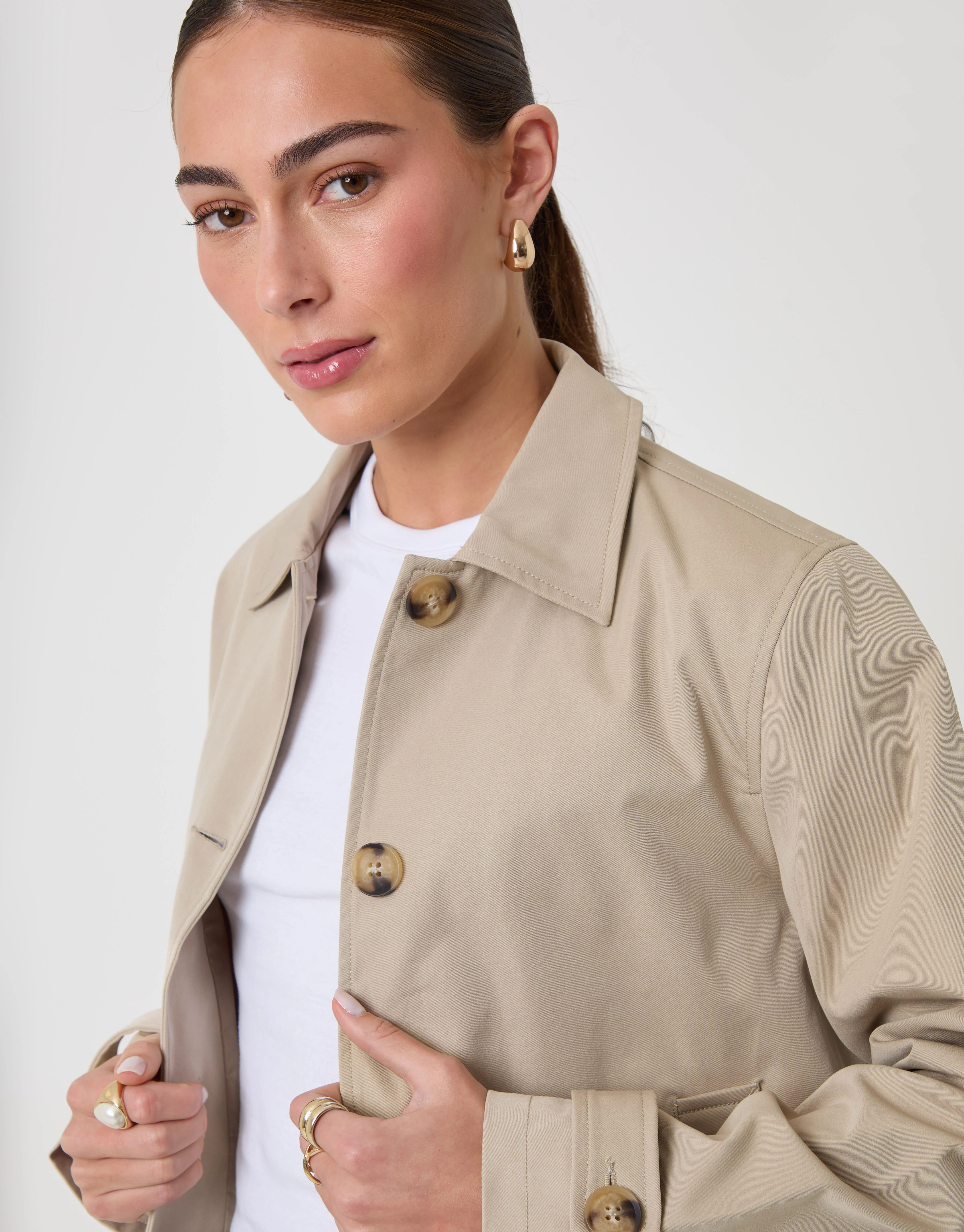 Cropped Collared Trench Coat in Stone - Image 2