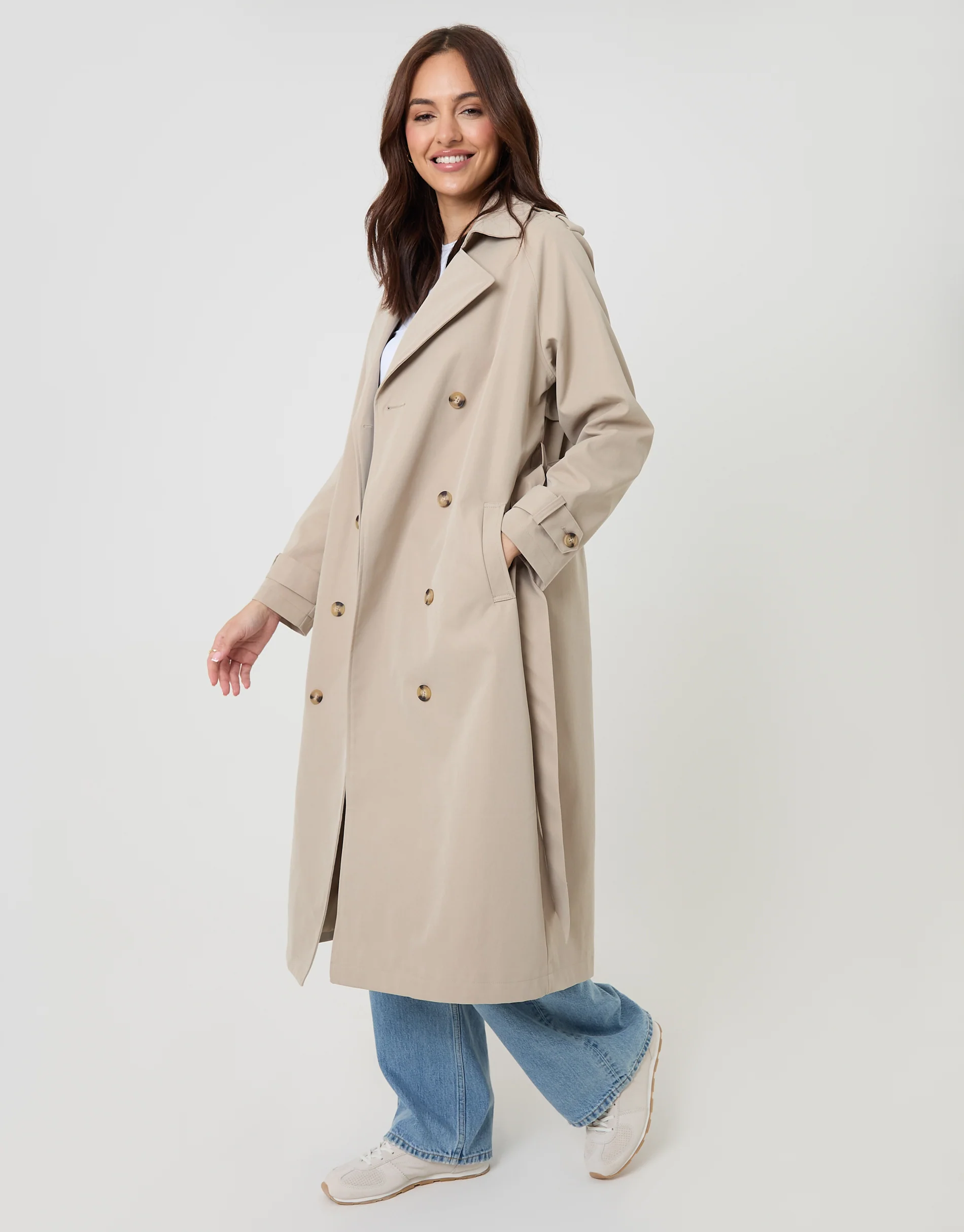 Double Breasted Longline Trench Coat in Stone