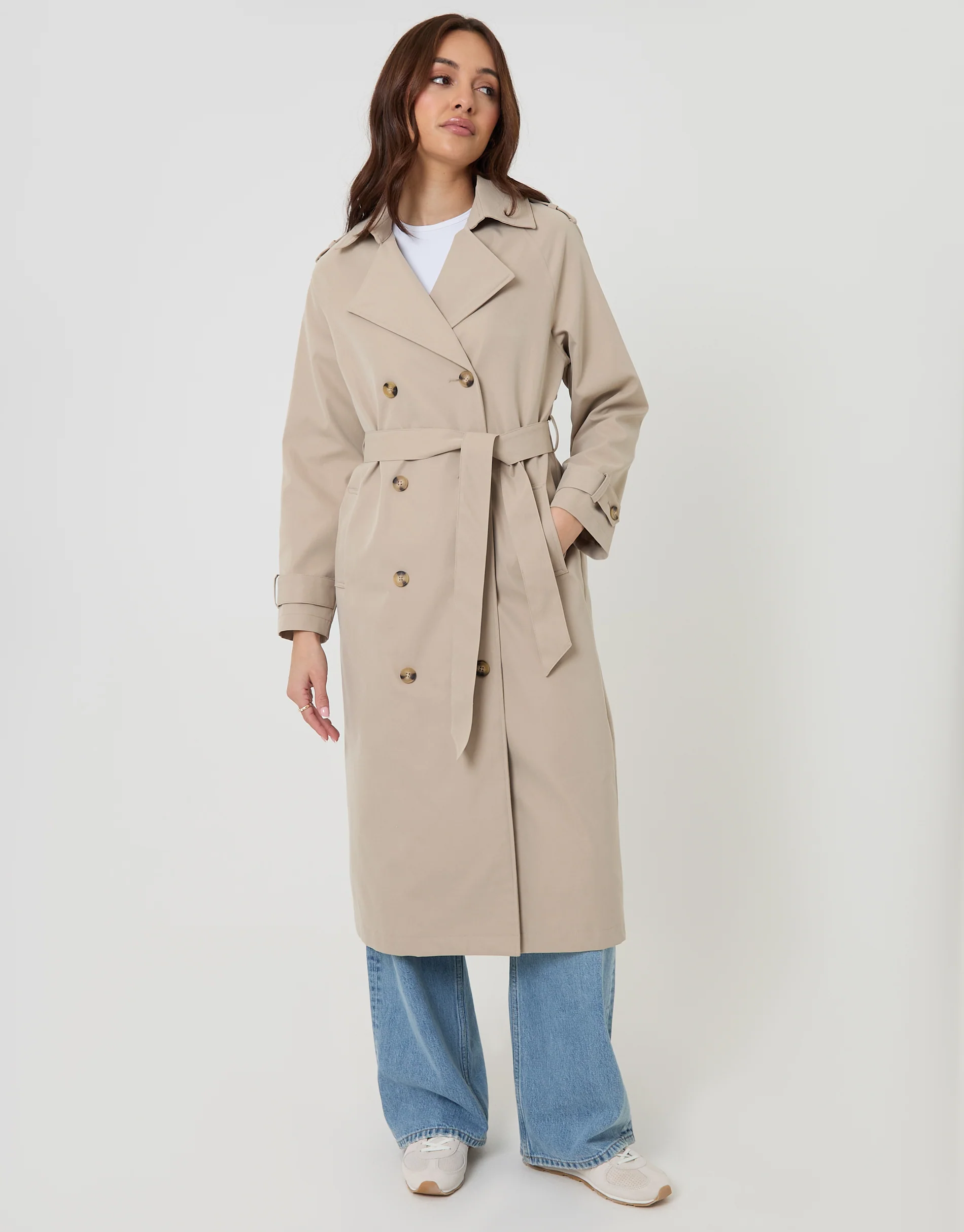 Double Breasted Longline Trench Coat in Stone - Image 2