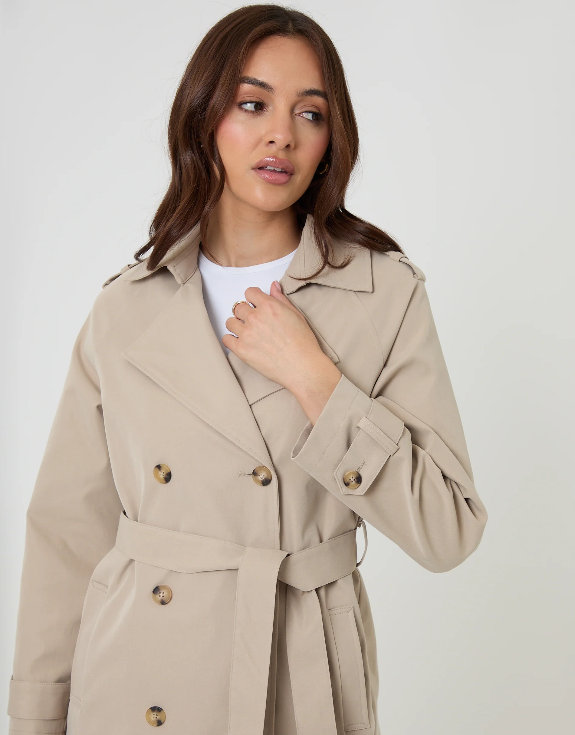 Double Breasted Longline Trench Coat in Stone - Image 4