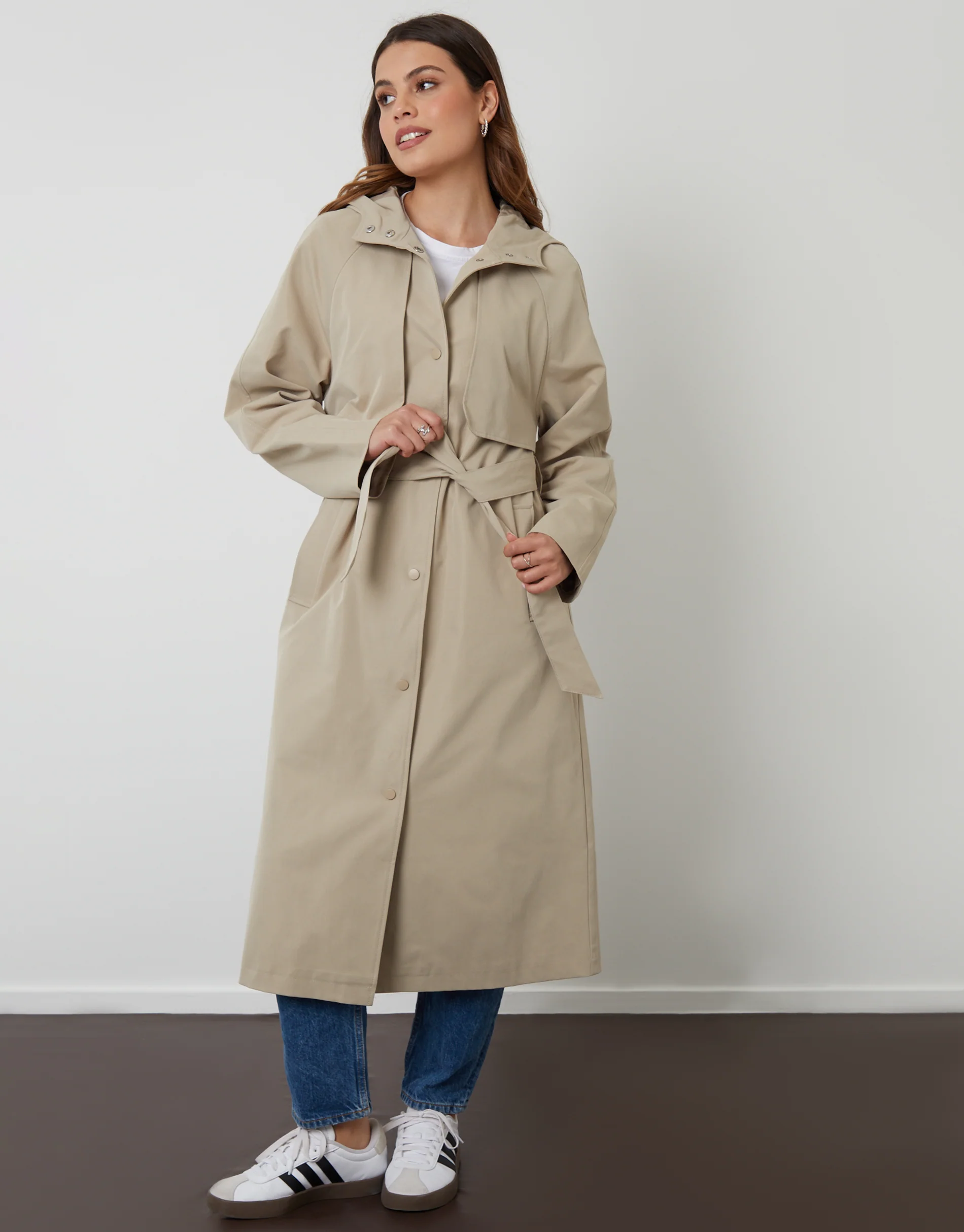 Longline Hooded Trench Coat in Stone