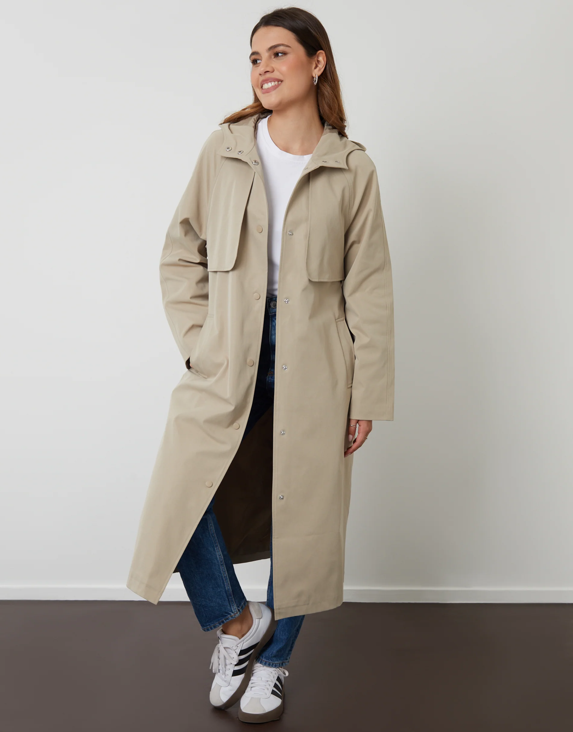Longline Hooded Trench Coat in Stone - Image 3