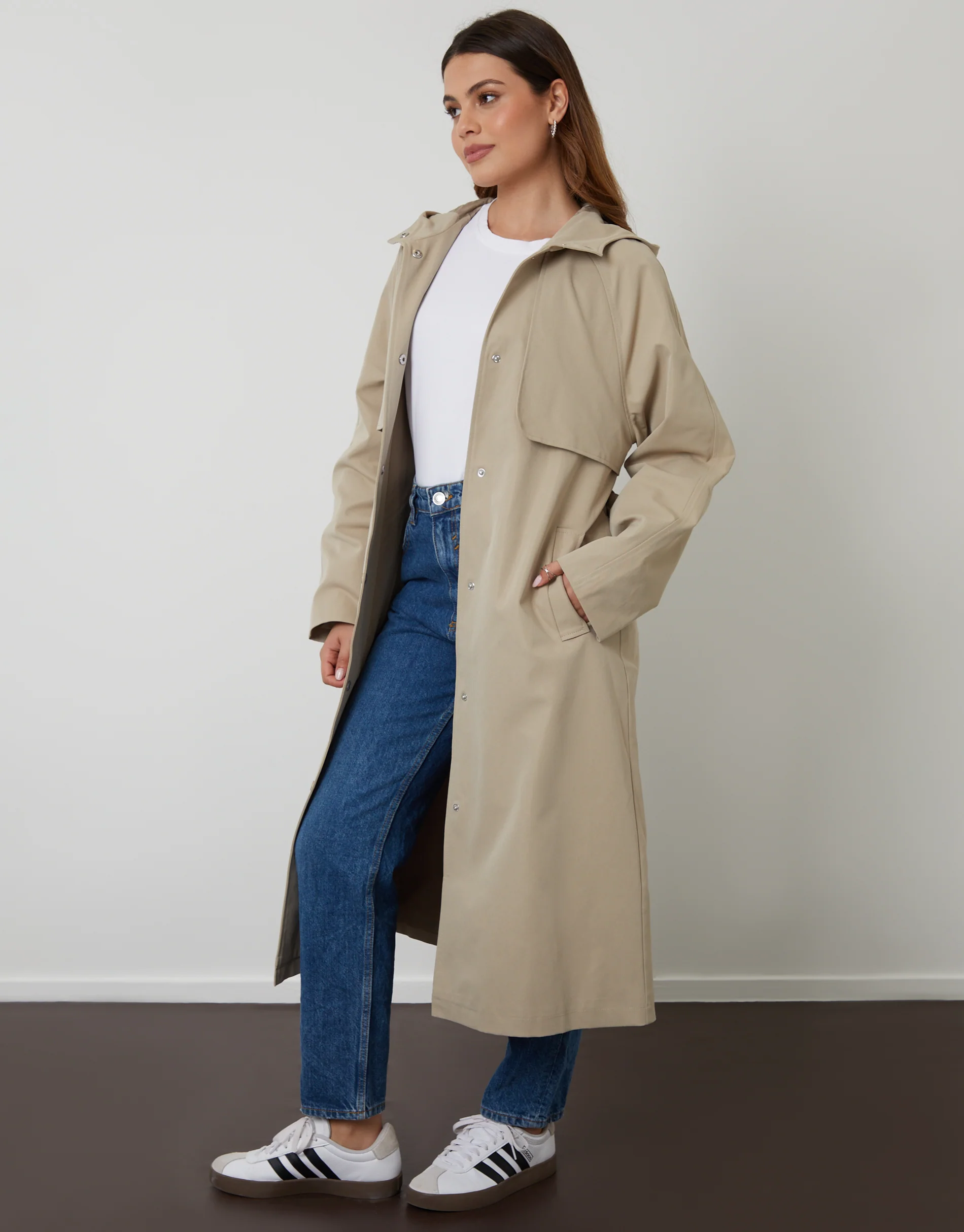 Longline Hooded Trench Coat in Stone - Image 4