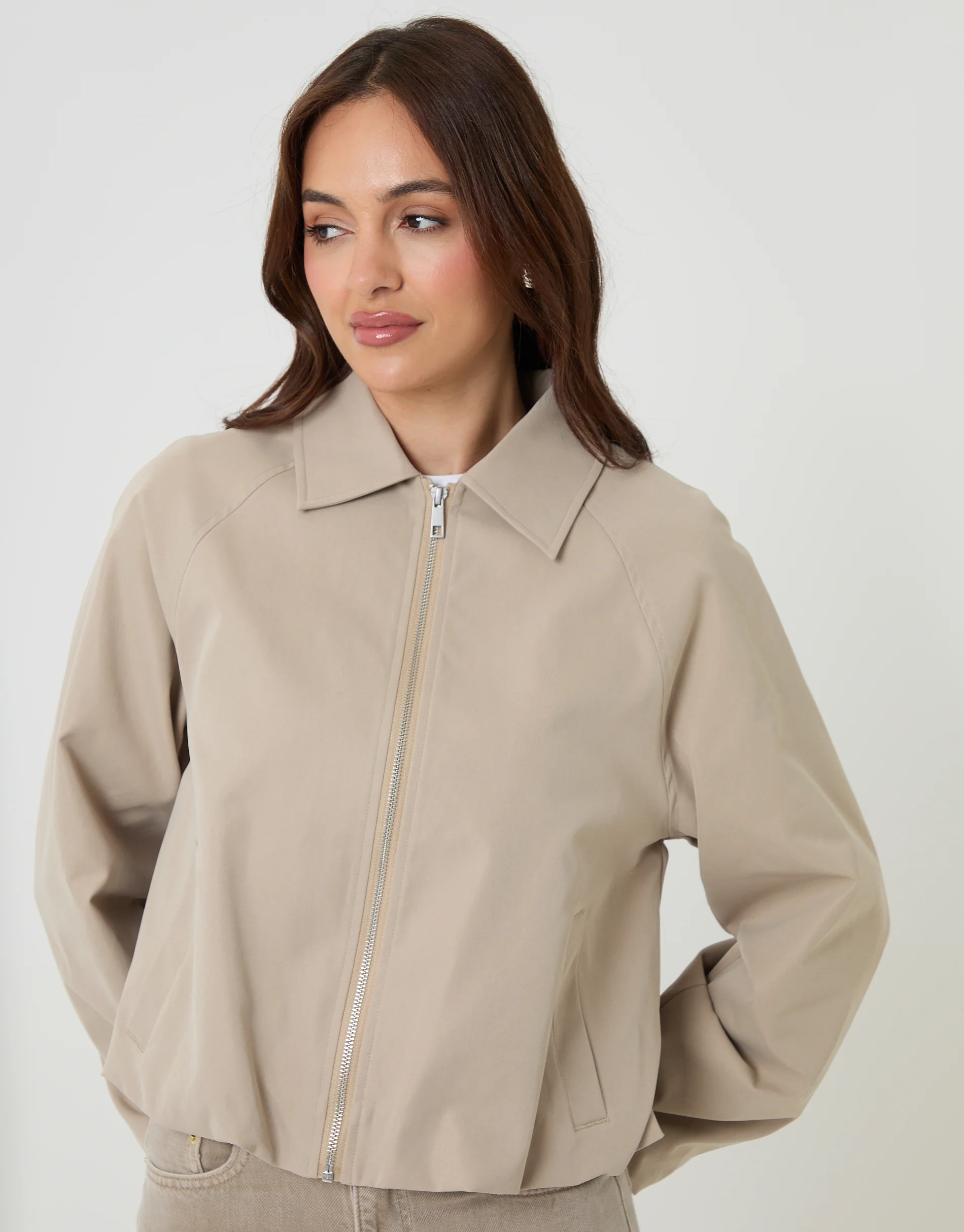 Zip Up Bubble Bomber Jacket with Collar in Stone - Image 4