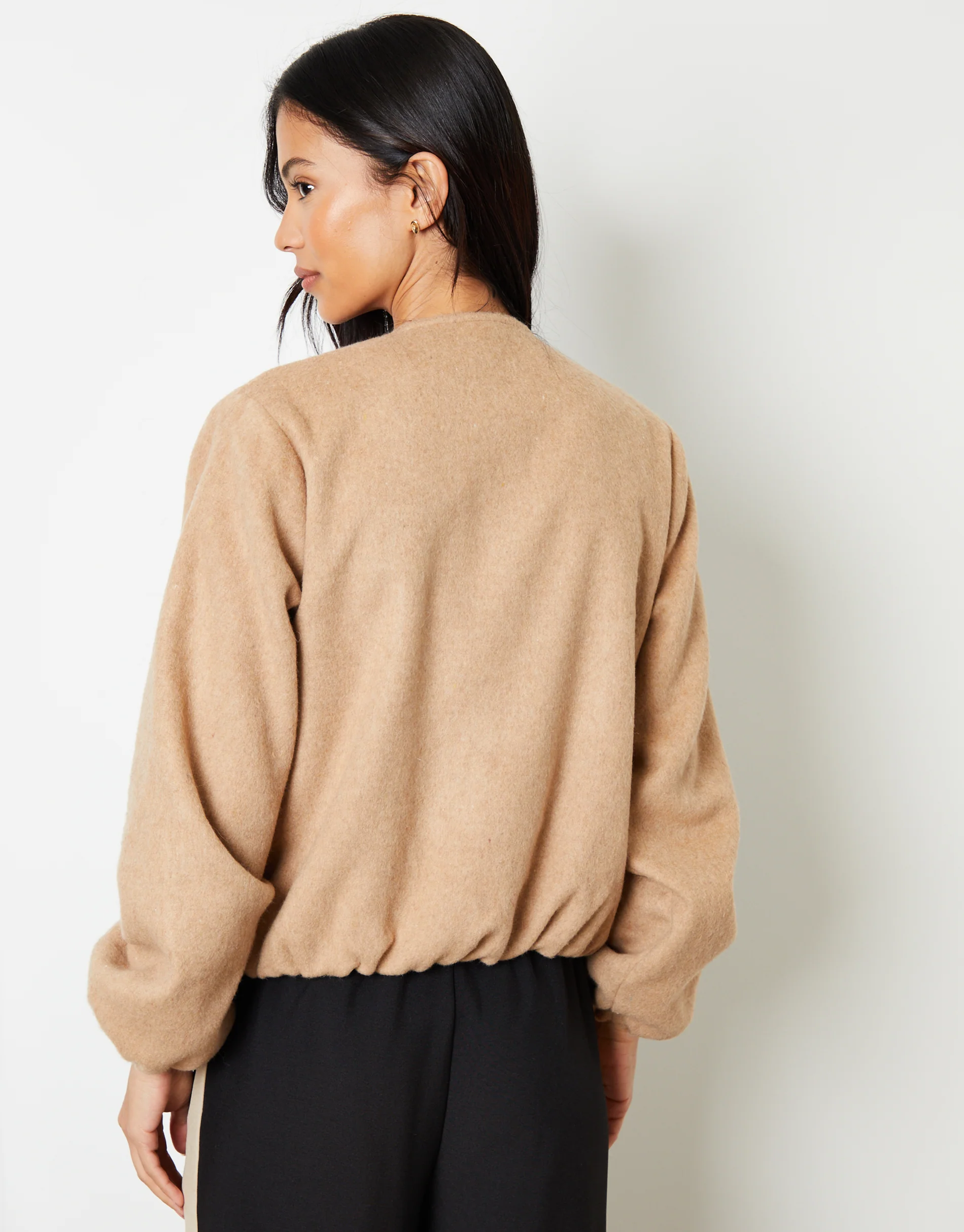 Brushed Bubble Hem Bomber Jacket in Tan Brown - Image 2