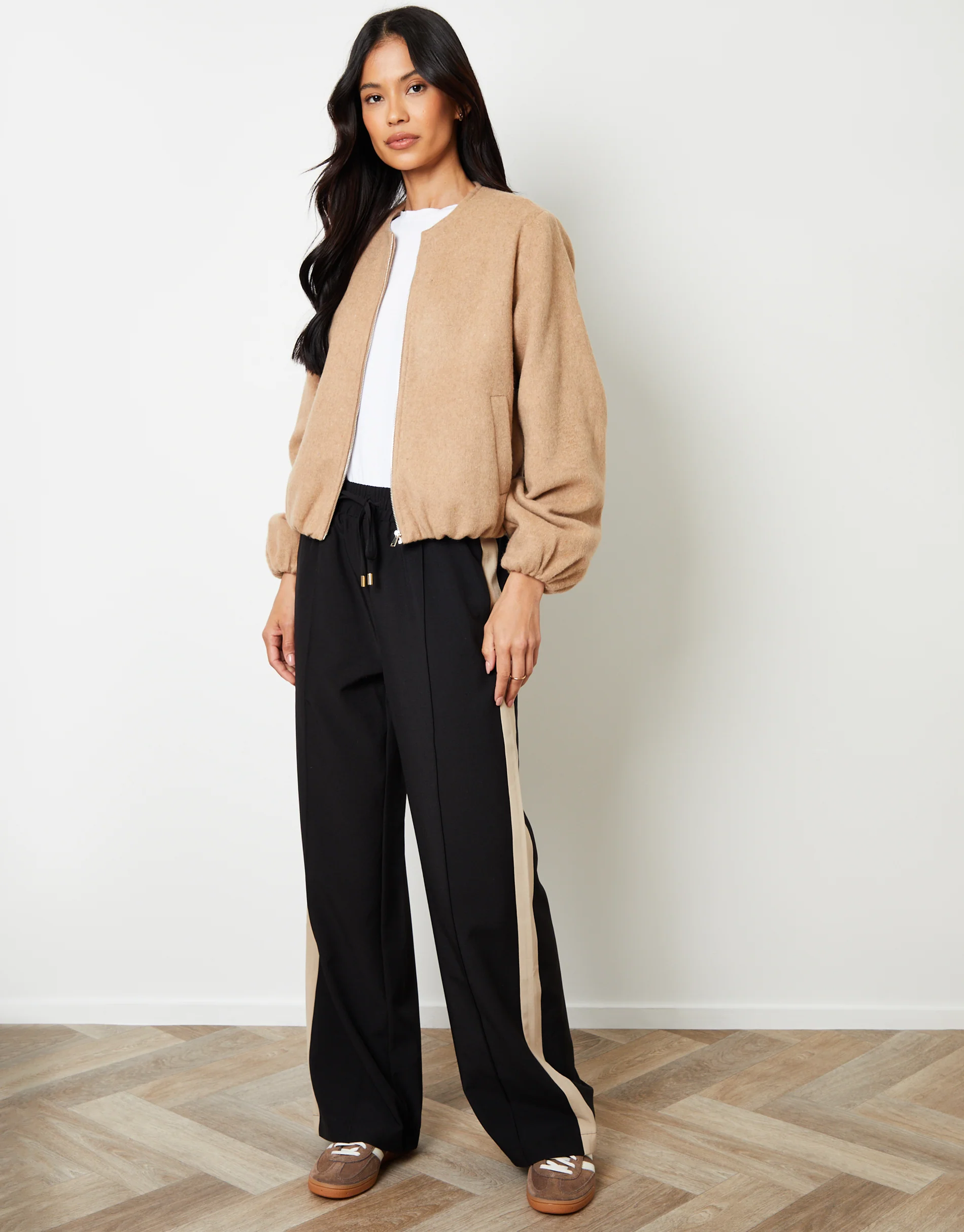 Brushed Bubble Hem Bomber Jacket in Tan Brown - Image 3