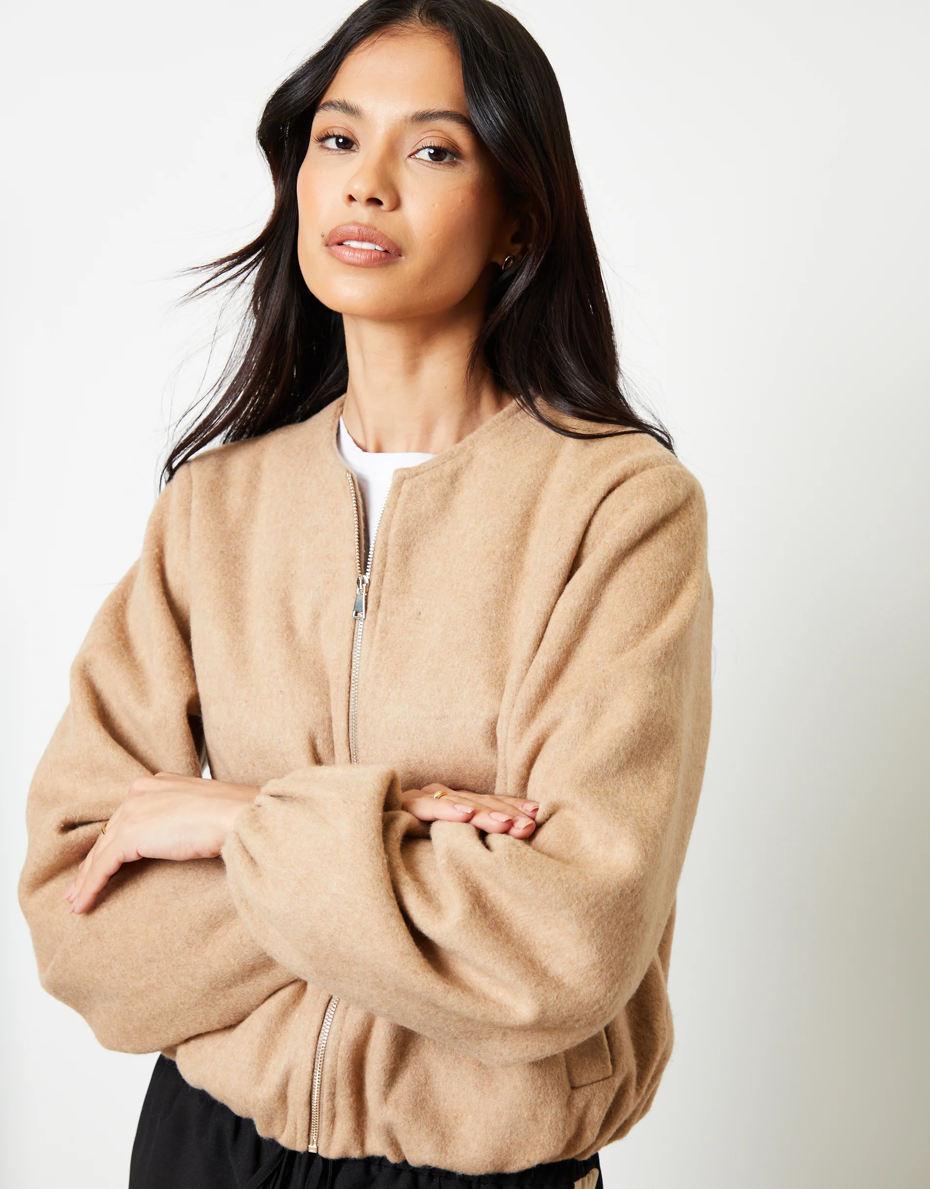 Brushed Bubble Hem Bomber Jacket in Tan Brown - Image 4